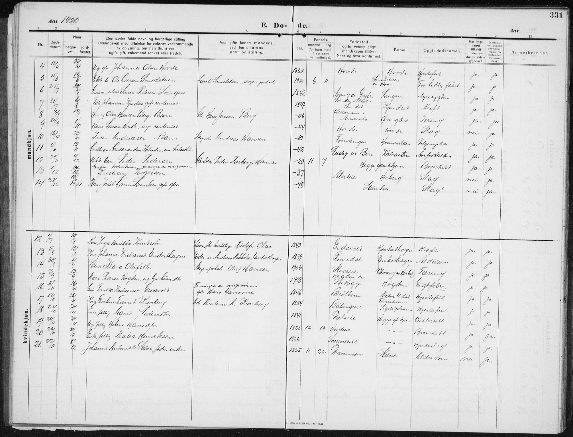 Biri prestekontor, SAH/PREST-096/H/Ha/Hab/L0006: Parish register (copy) no. 6, 1909-1938, p. 331