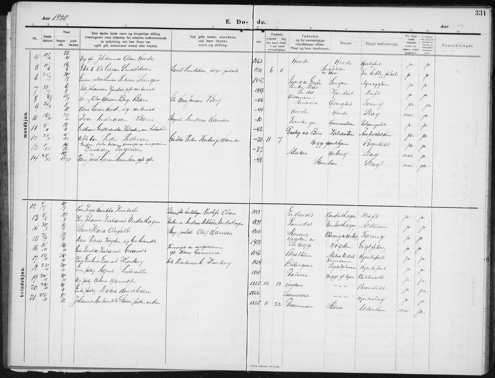 Biri prestekontor, AV/SAH-PREST-096/H/Ha/Hab/L0006: Parish register (copy) no. 6, 1909-1938, p. 331