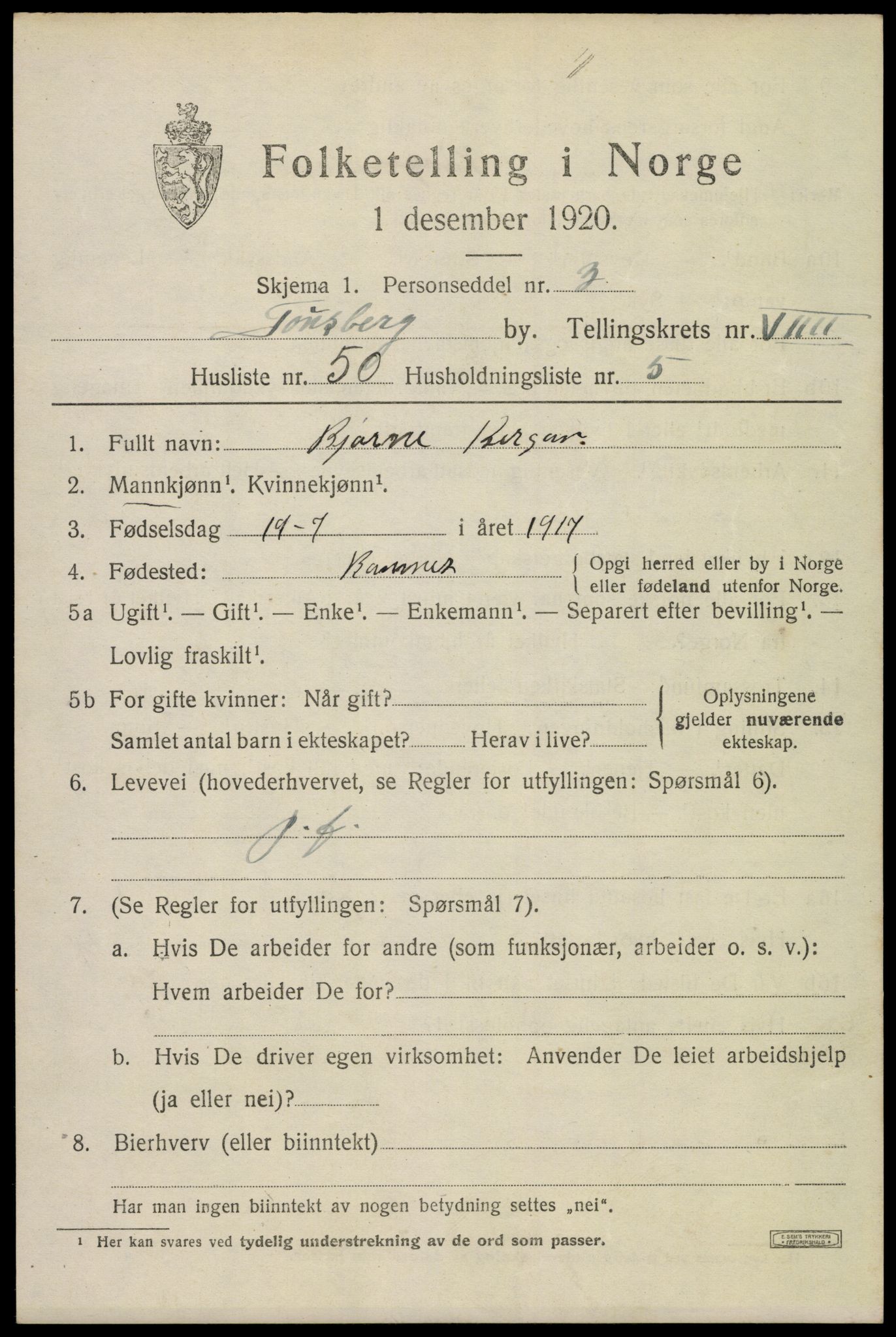 SAKO, 1920 census for Tønsberg, 1920, p. 18083