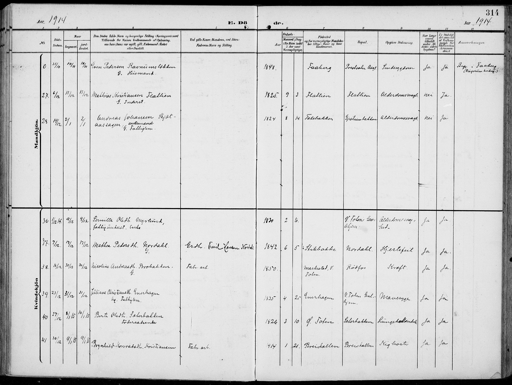 Vestre Toten prestekontor, SAH/PREST-108/H/Ha/Haa/L0014: Parish register (official) no. 14, 1907-1920, p. 314