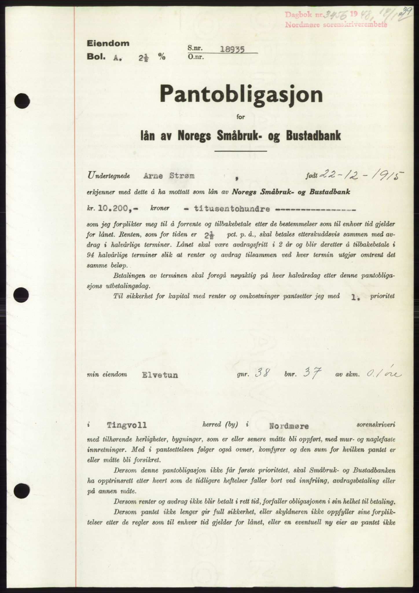 Nordmøre sorenskriveri, AV/SAT-A-4132/1/2/2Ca: Mortgage book no. B100, 1948-1949, Diary no: : 3456/1948