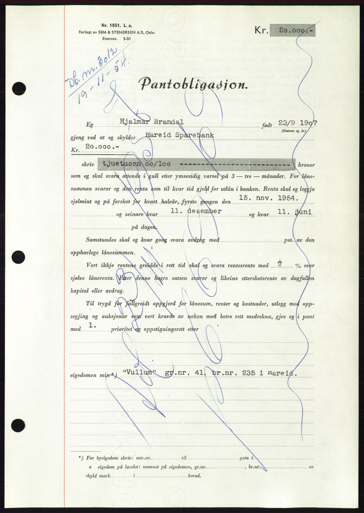 Søre Sunnmøre sorenskriveri, AV/SAT-A-4122/1/2/2C/L0126: Mortgage book no. 14B, 1954-1955, Diary no: : 3012/1954