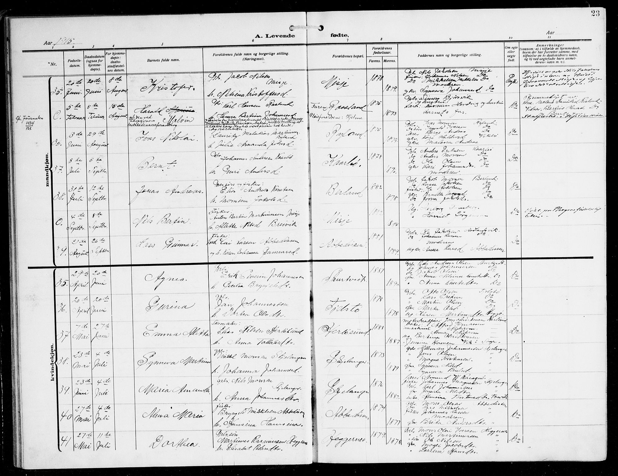 Herdla Sokneprestembete, AV/SAB-A-75701/H/Hab: Parish register (copy) no. C 2, 1913-1926, p. 23