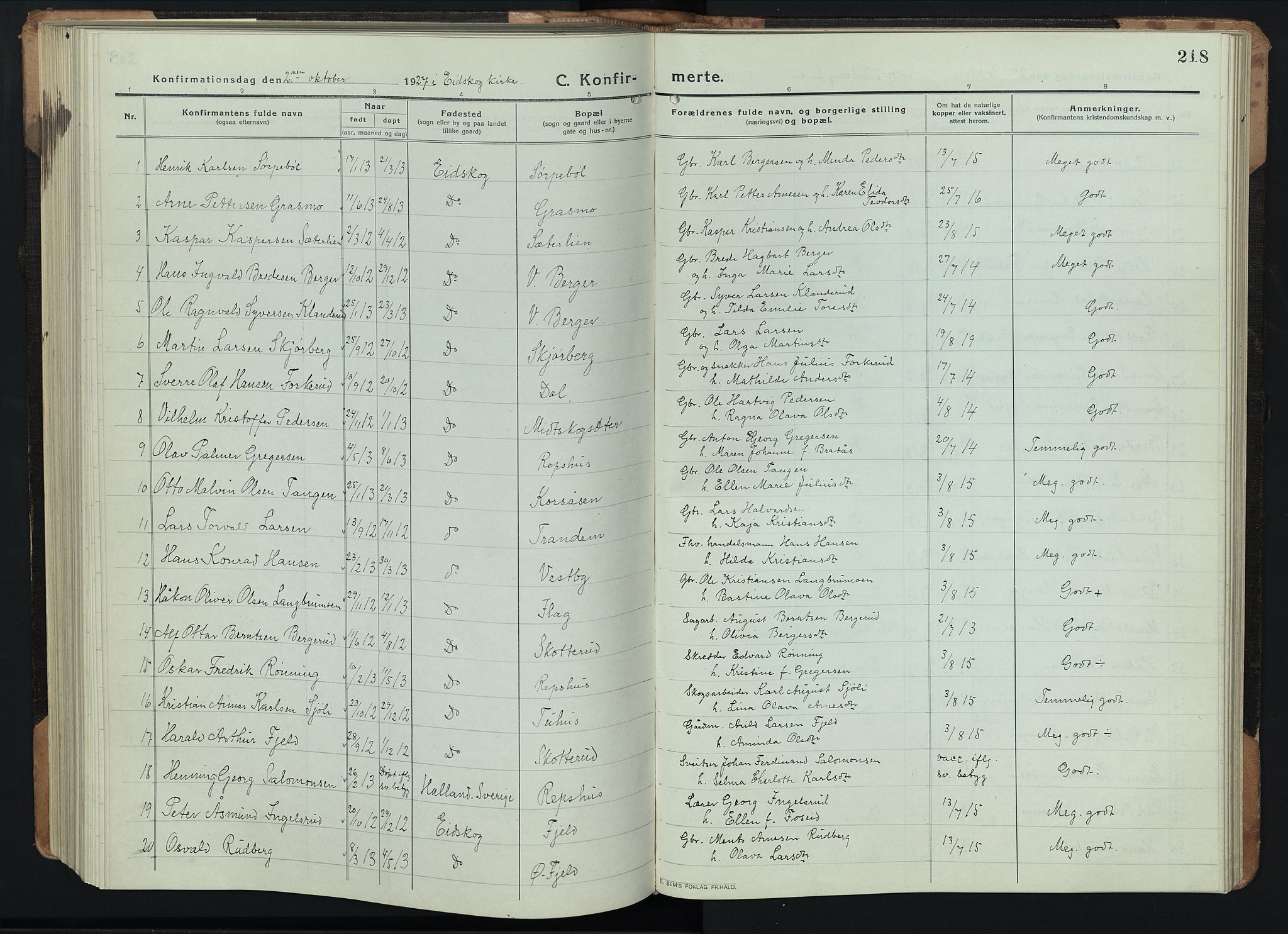 Eidskog prestekontor, SAH/PREST-026/H/Ha/Hab/L0005: Parish register (copy) no. 5, 1916-1946, p. 218