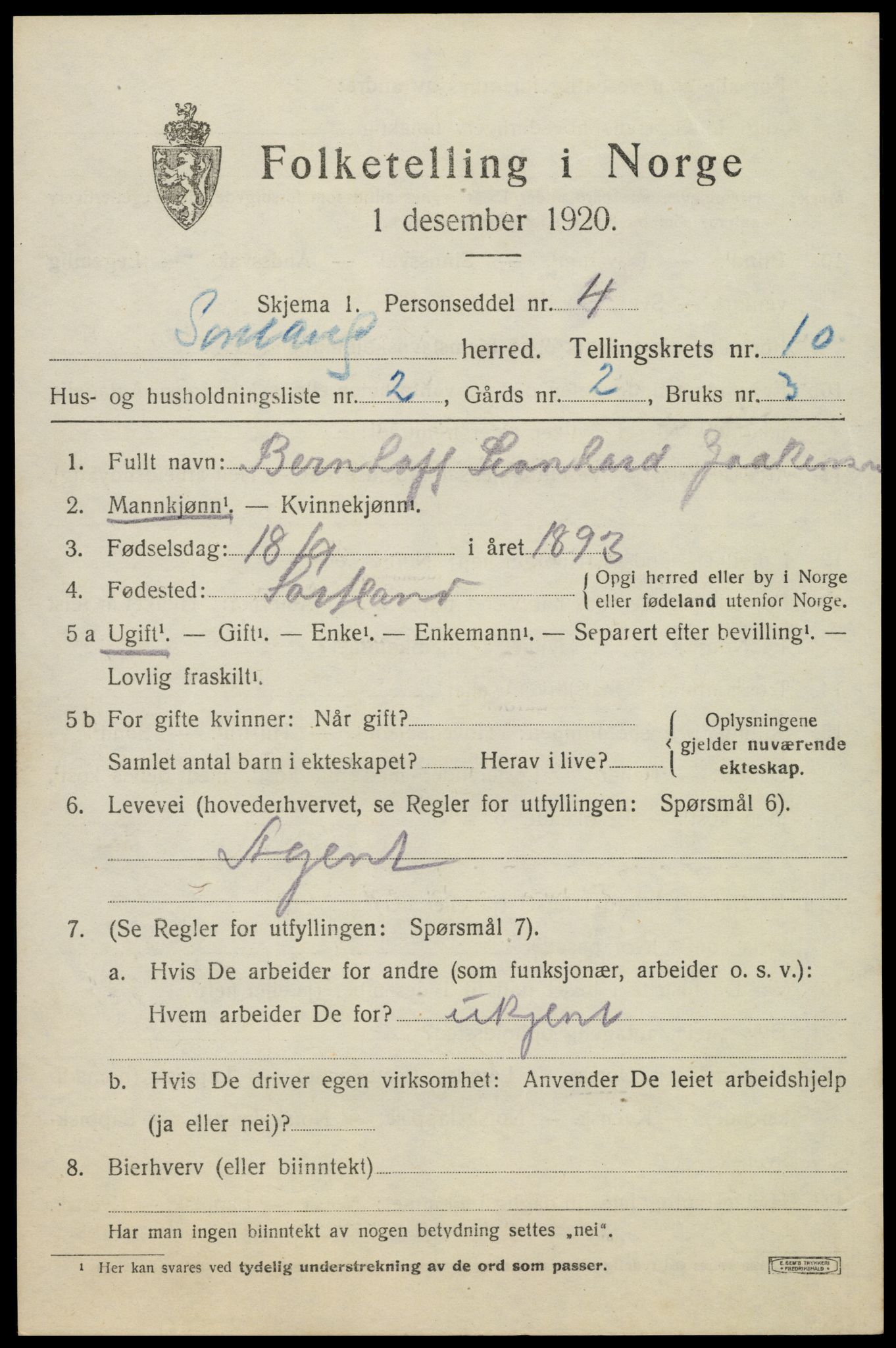 SAT, 1920 census for Sortland, 1920, p. 7630