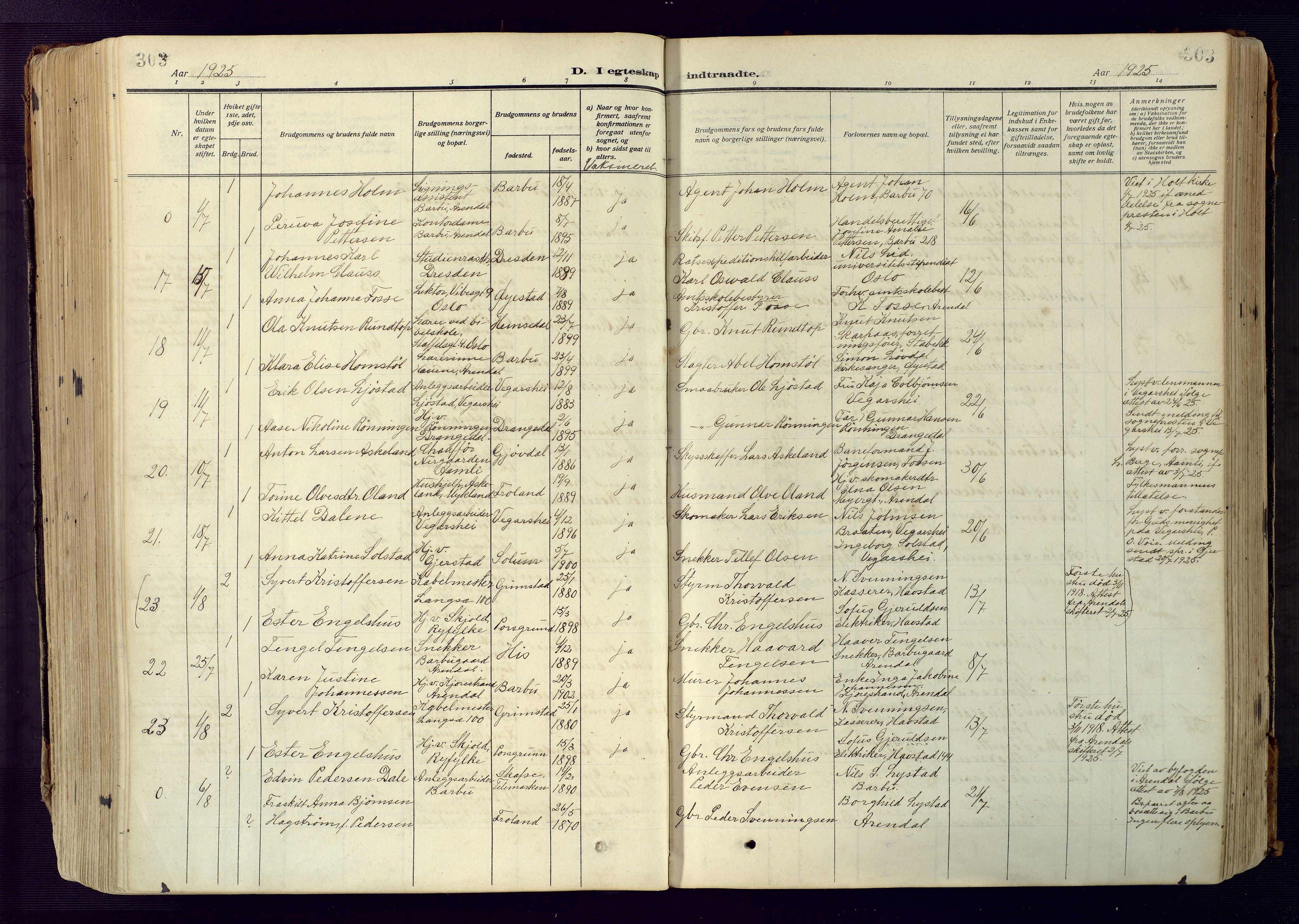 Barbu sokneprestkontor, AV/SAK-1111-0003/F/Fa/L0006: Parish register (official) no. A 6, 1910-1929, p. 303