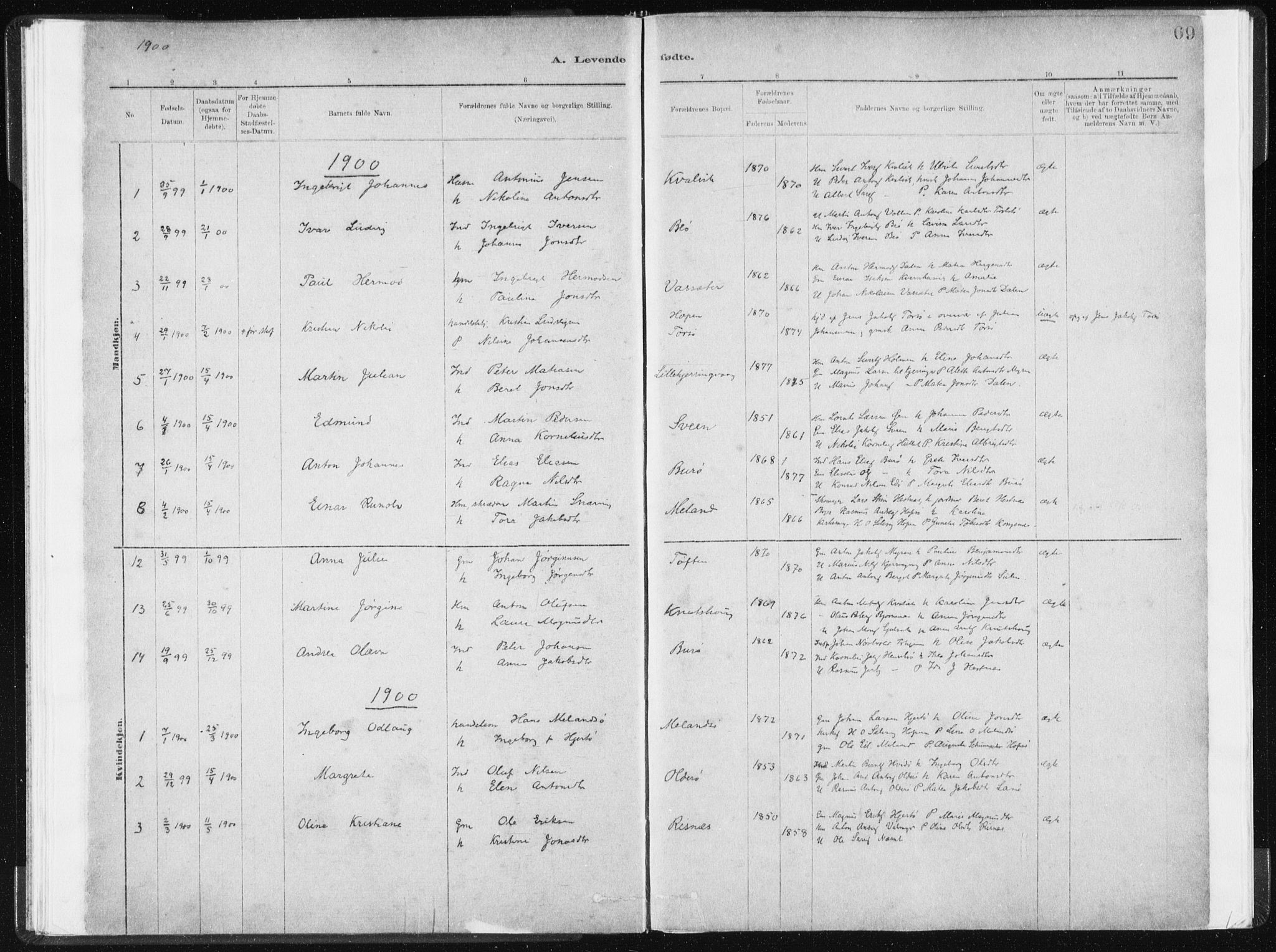 Ministerialprotokoller, klokkerbøker og fødselsregistre - Sør-Trøndelag, SAT/A-1456/634/L0533: Parish register (official) no. 634A09, 1882-1901, p. 69