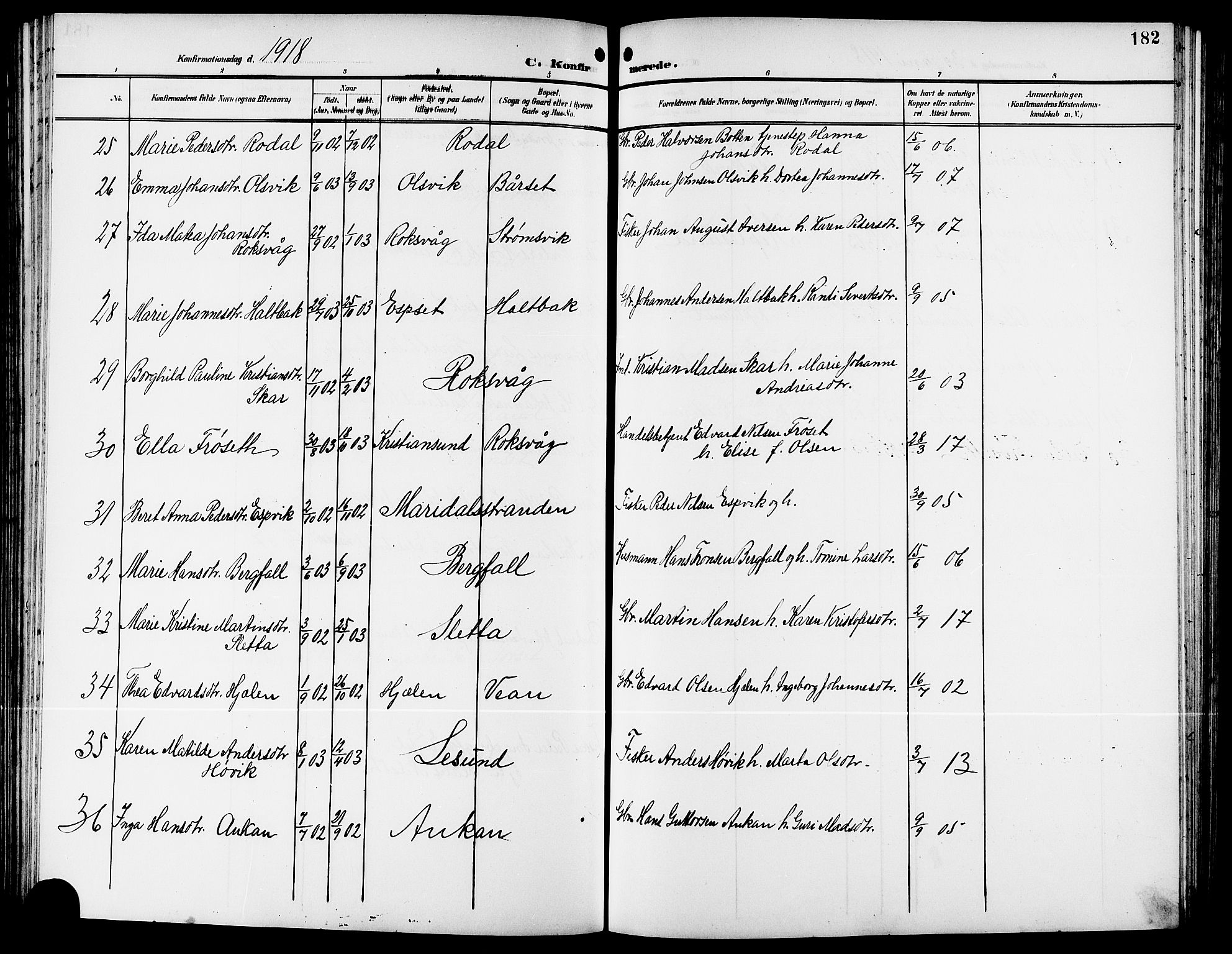 Ministerialprotokoller, klokkerbøker og fødselsregistre - Møre og Romsdal, AV/SAT-A-1454/578/L0910: Parish register (copy) no. 578C03, 1900-1921, p. 182