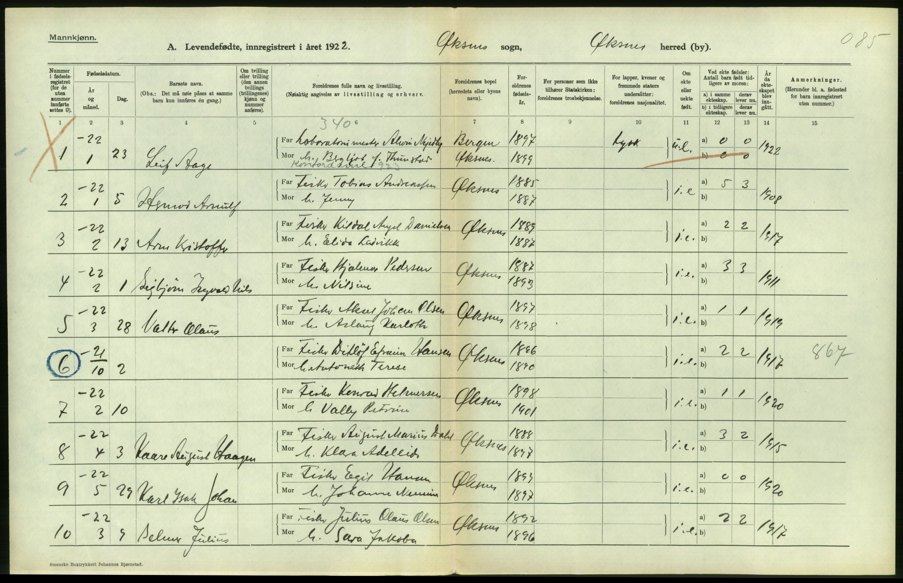 Statistisk sentralbyrå, Sosiodemografiske emner, Befolkning, AV/RA-S-2228/D/Df/Dfc/Dfcb/L0044: Nordland fylke: Levendefødte menn og kvinner. Bygder og byer., 1922, p. 420