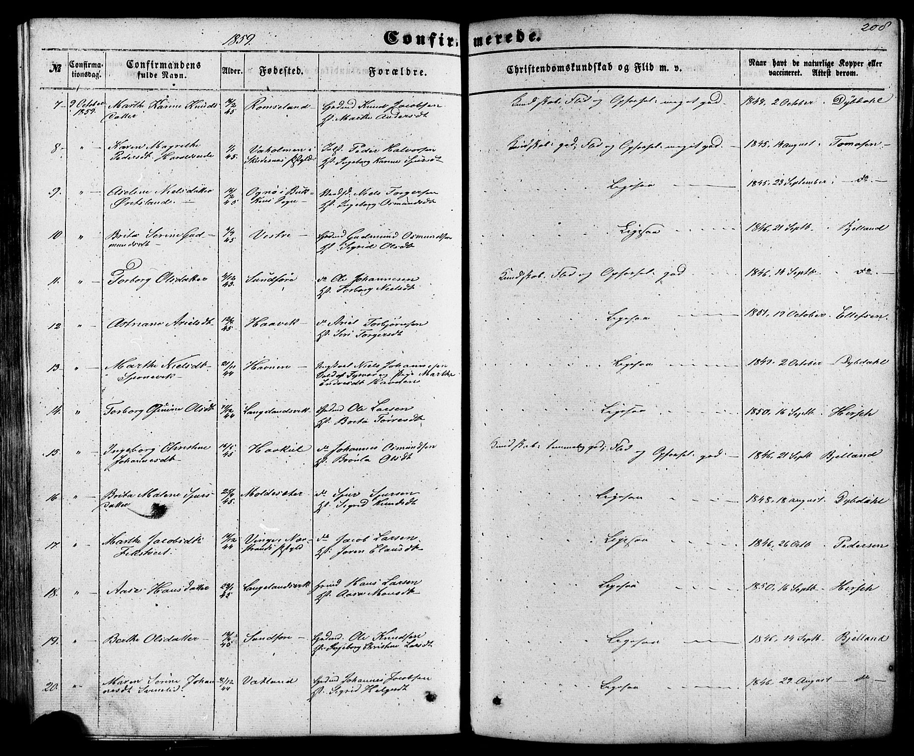 Skjold sokneprestkontor, AV/SAST-A-101847/H/Ha/Haa/L0008: Parish register (official) no. A 8, 1856-1882, p. 208