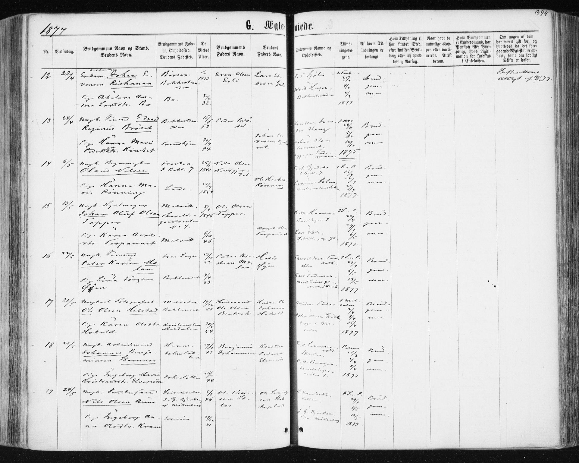 Ministerialprotokoller, klokkerbøker og fødselsregistre - Sør-Trøndelag, SAT/A-1456/604/L0186: Parish register (official) no. 604A07, 1866-1877, p. 394
