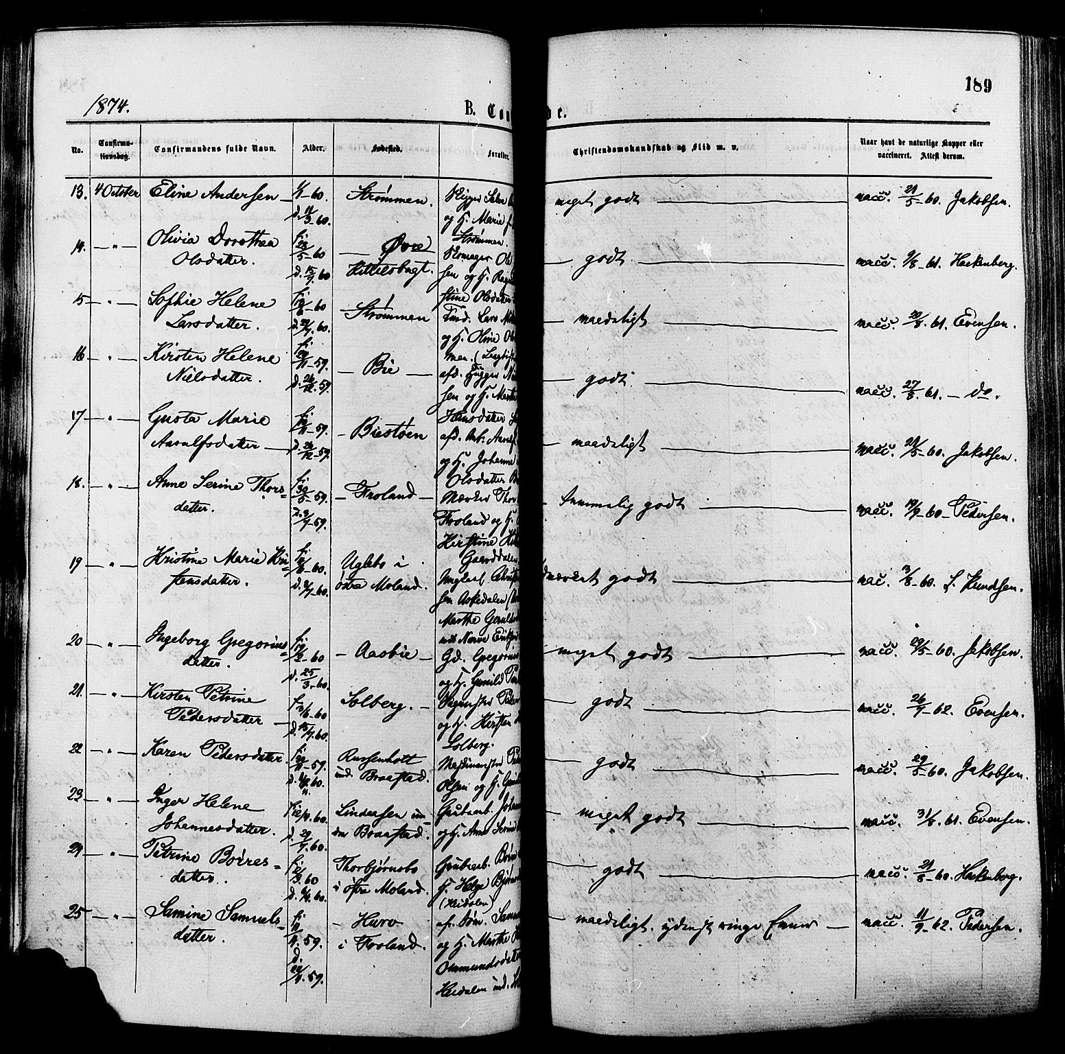 Øyestad sokneprestkontor, AV/SAK-1111-0049/F/Fa/L0016: Parish register (official) no. A 16, 1874-1886, p. 189