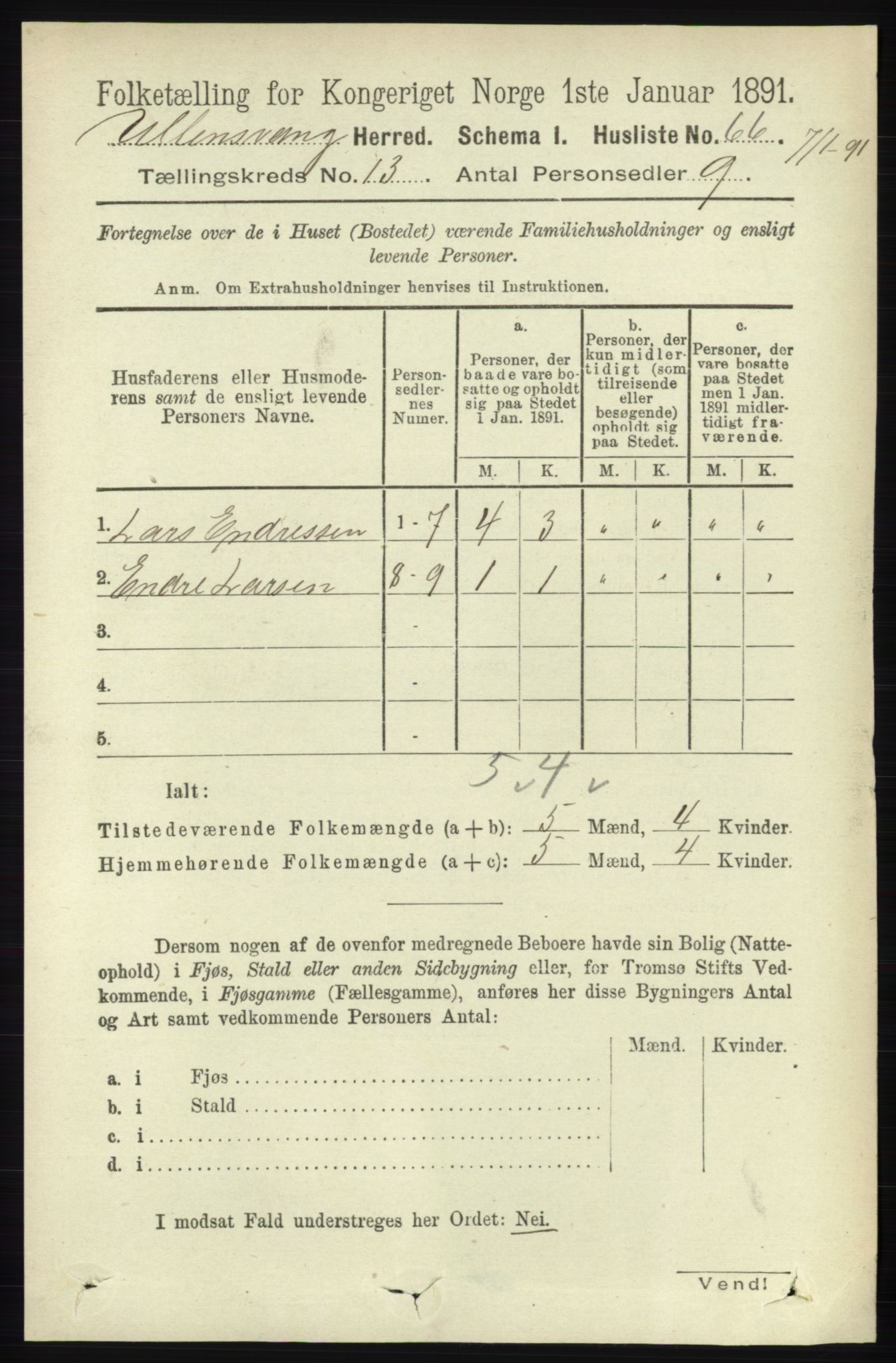RA, 1891 census for 1230 Ullensvang, 1891, p. 5087