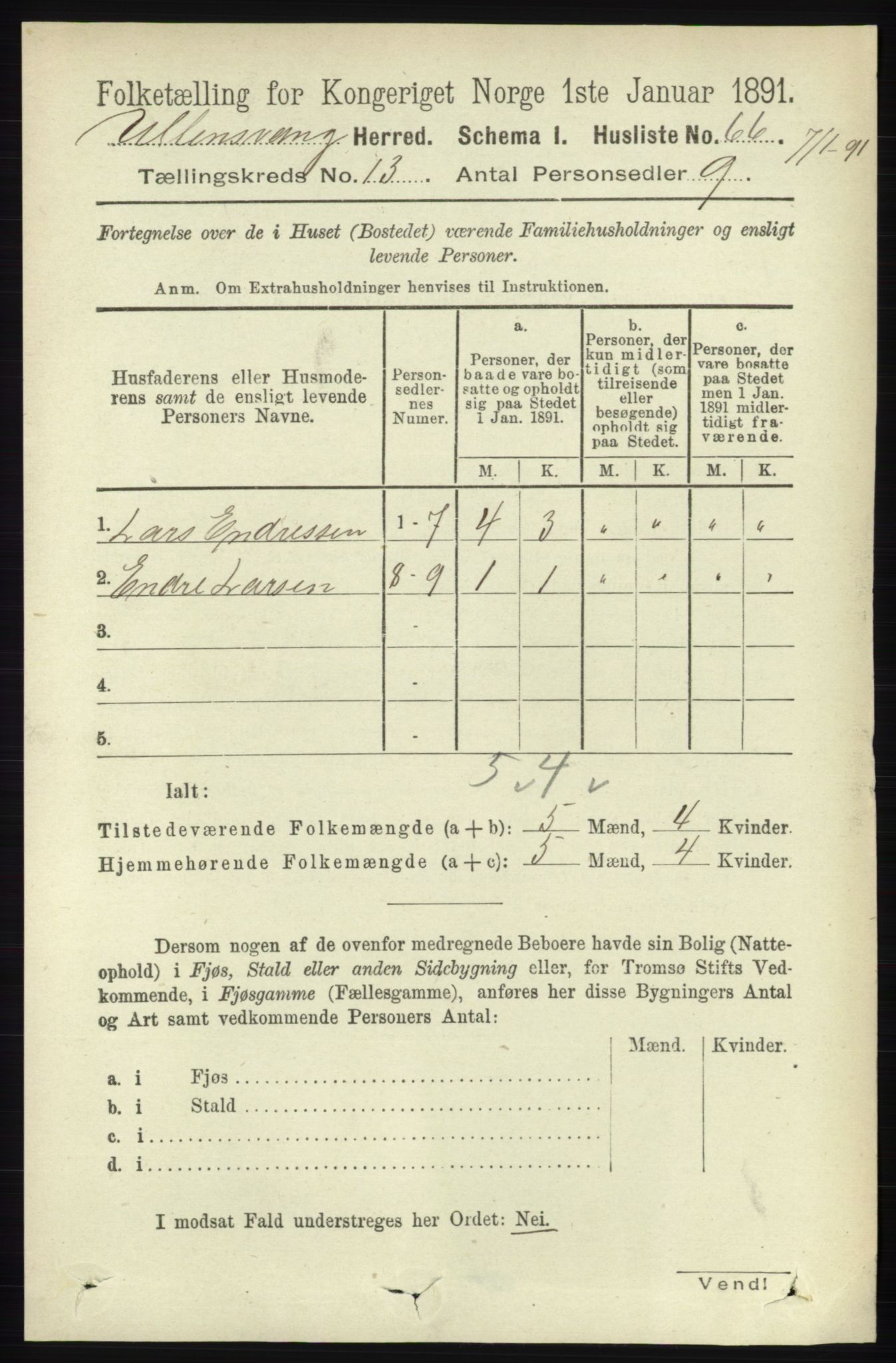 RA, 1891 census for 1230 Ullensvang, 1891, p. 5087