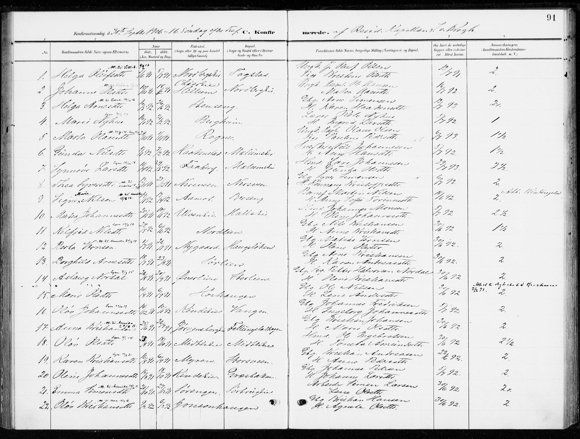 Ringsaker prestekontor, SAH/PREST-014/K/Ka/L0021: Parish register (official) no. 21, 1905-1920, p. 91