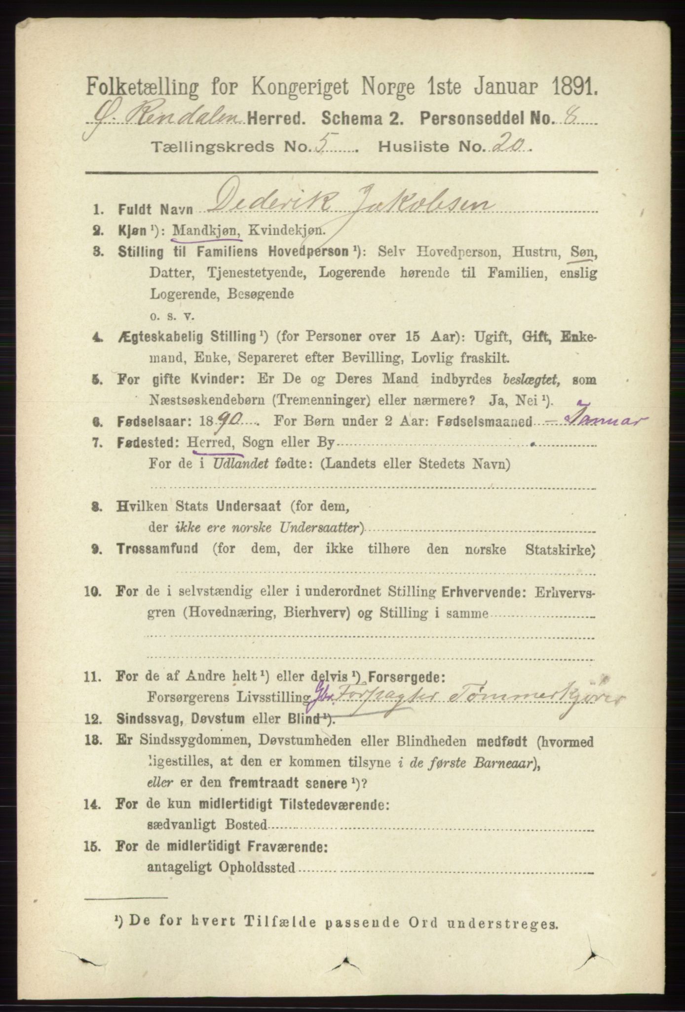 RA, 1891 census for 0433 Øvre Rendal, 1891, p. 1446