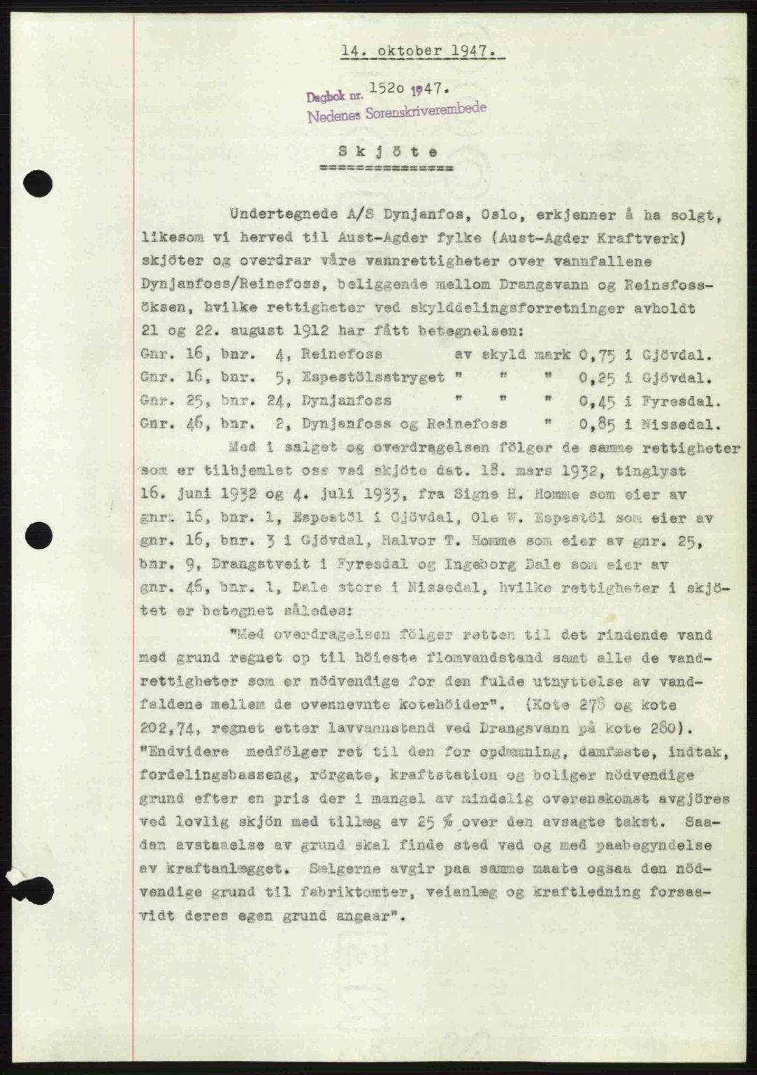 Nedenes sorenskriveri, SAK/1221-0006/G/Gb/Gba/L0058: Mortgage book no. A10, 1947-1948, Diary no: : 1520/1947