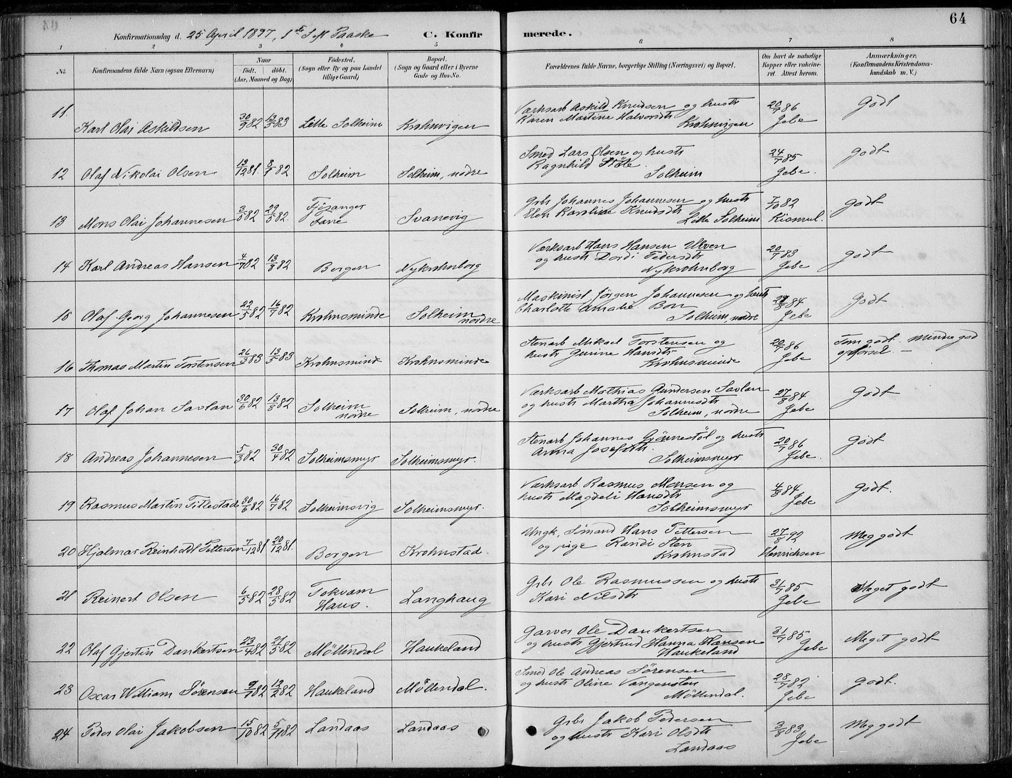 Årstad Sokneprestembete, AV/SAB-A-79301/H/Haa/L0006: Parish register (official) no. B 1, 1886-1901, p. 64