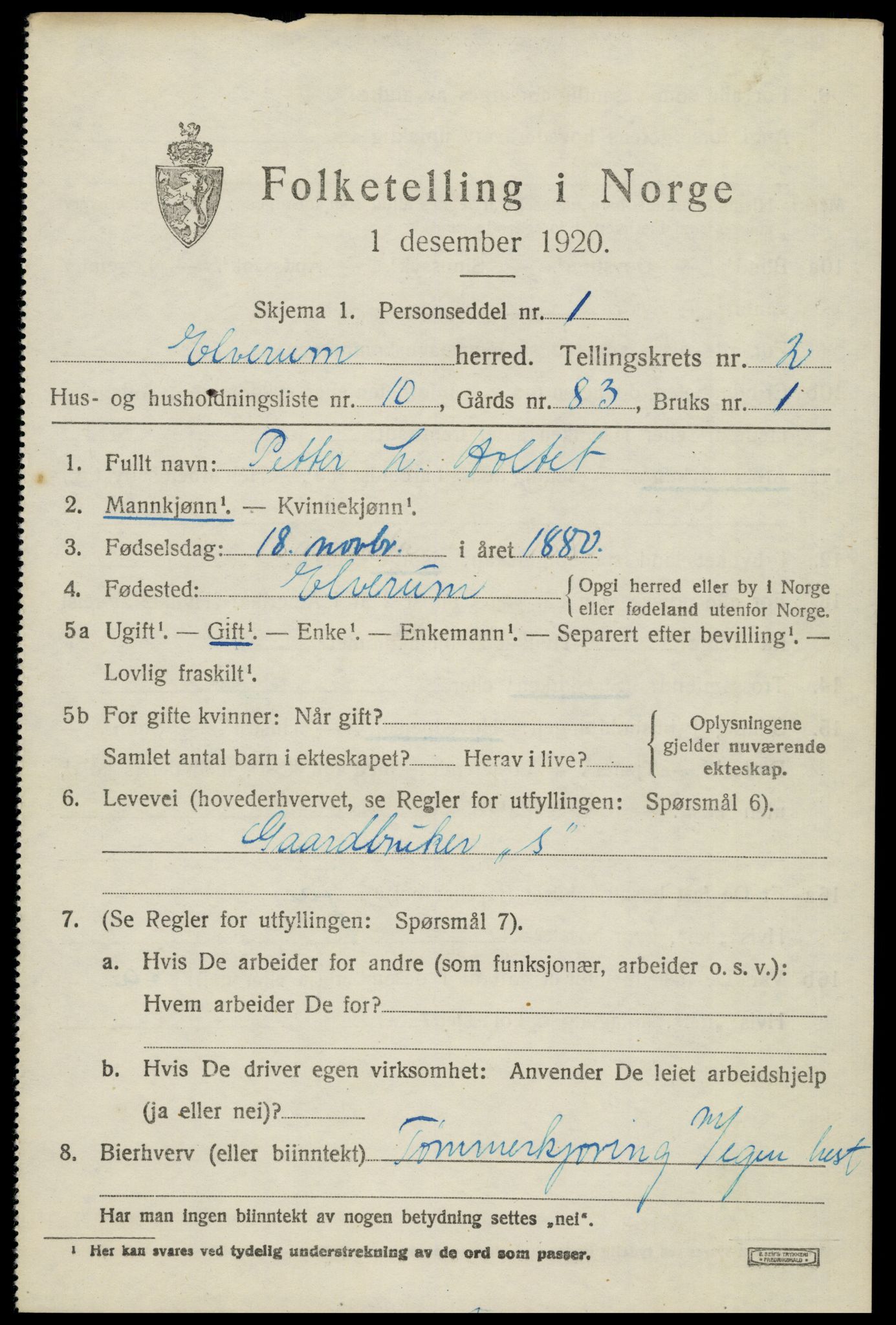 SAH, 1920 census for Elverum, 1920, p. 4688