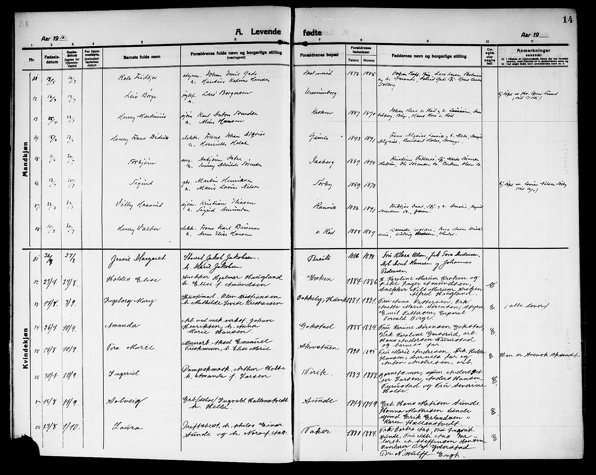 Sandar kirkebøker, SAKO/A-243/G/Ga/L0003: Parish register (copy) no. 3, 1916-1922, p. 14
