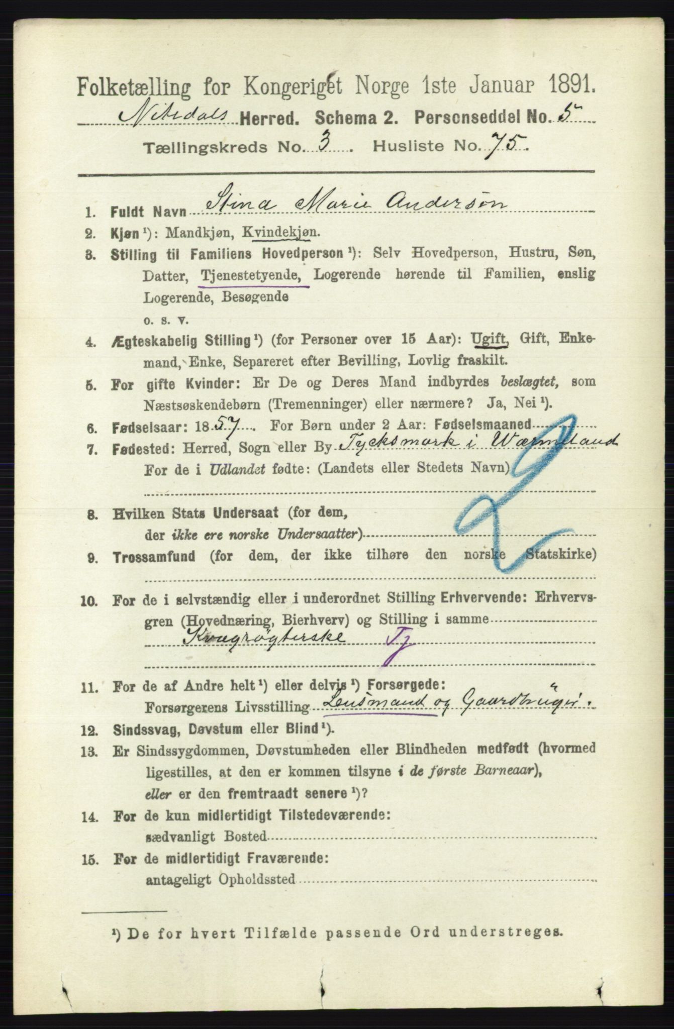 RA, 1891 census for 0233 Nittedal, 1891, p. 1615