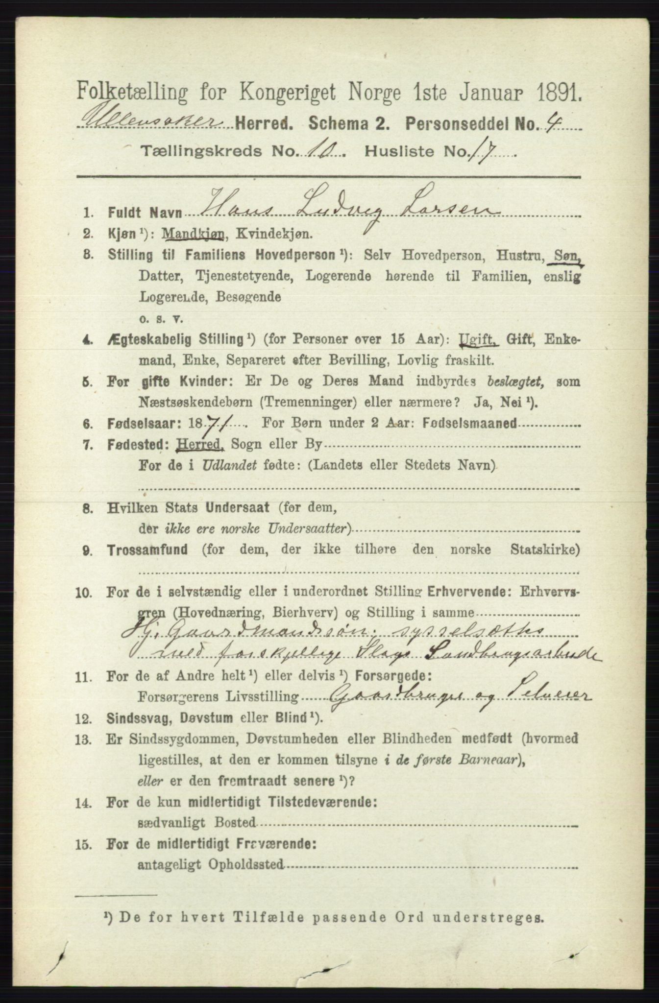 RA, 1891 census for 0235 Ullensaker, 1891, p. 4619