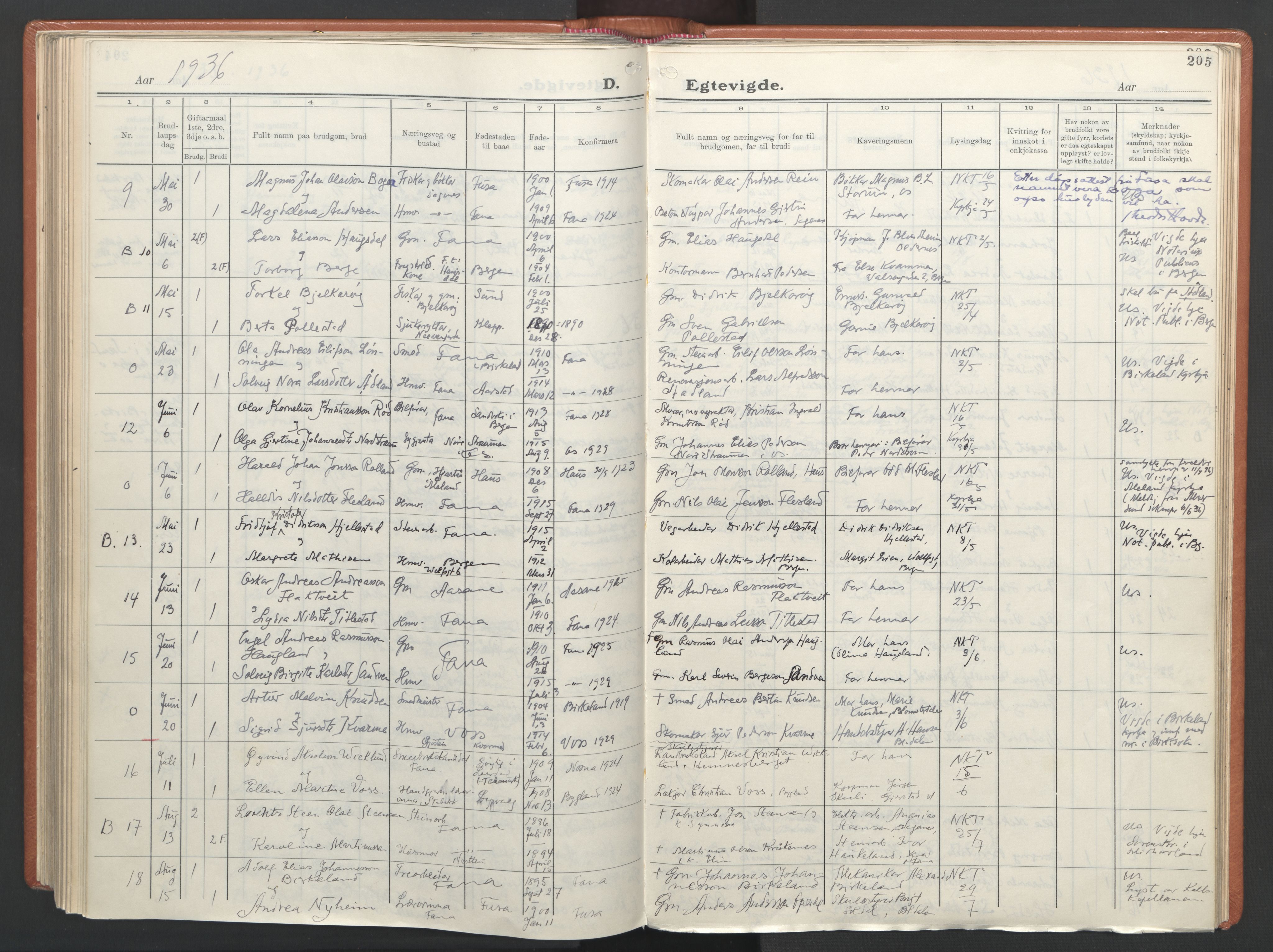 Fana Sokneprestembete, AV/SAB-A-75101/H/Haa/Haab/L0007: Parish register (official) no. B 7, 1934-1947, p. 205