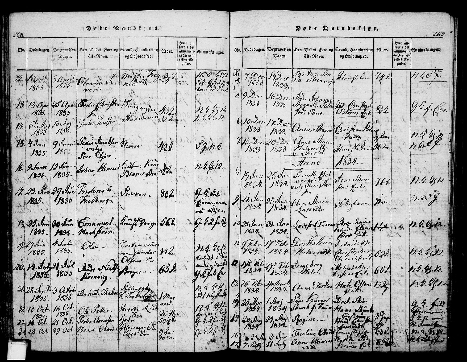 Skien kirkebøker, SAKO/A-302/G/Ga/L0002: Parish register (copy) no. 2, 1814-1842, p. 262-263