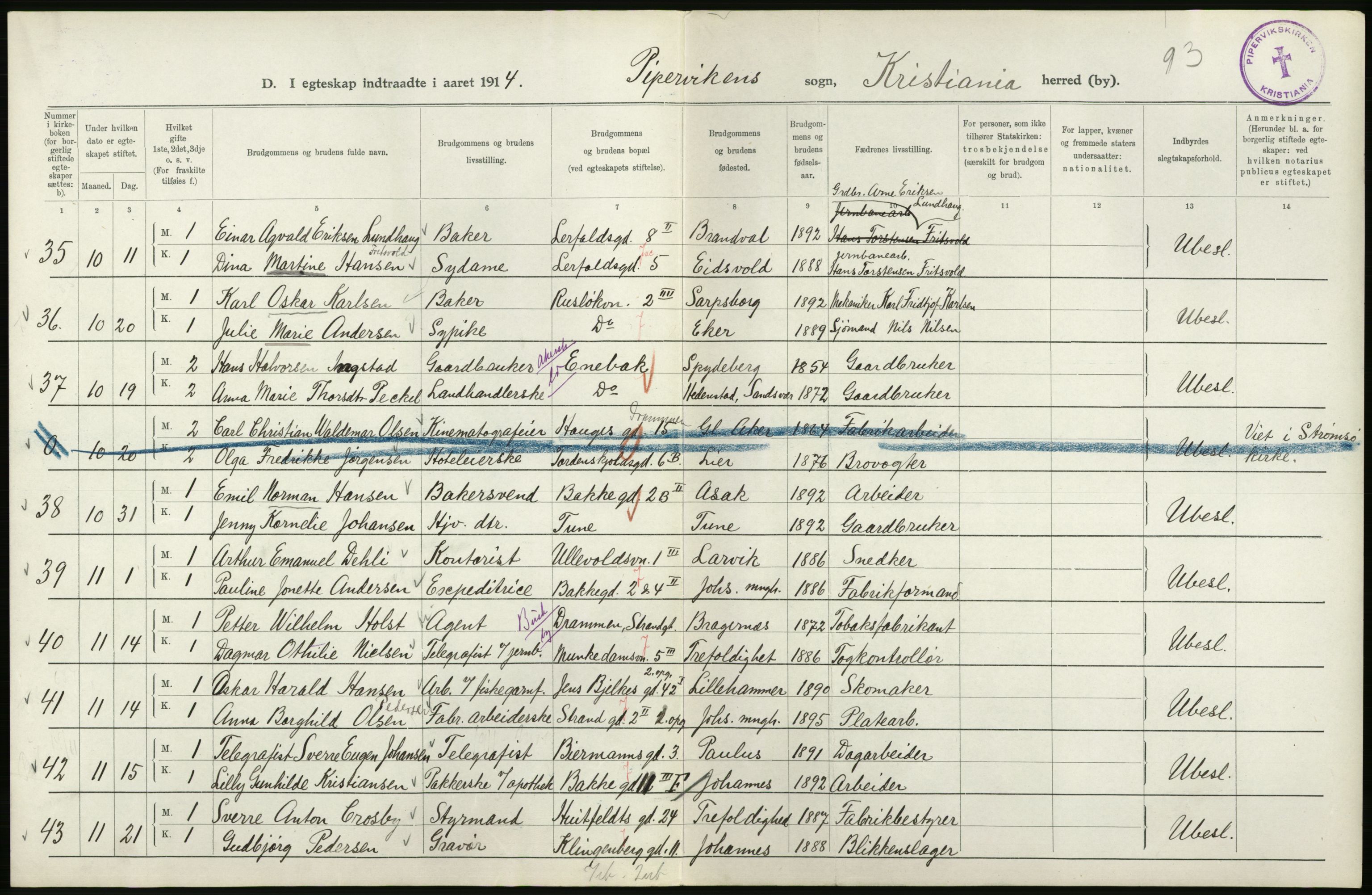 Statistisk sentralbyrå, Sosiodemografiske emner, Befolkning, RA/S-2228/D/Df/Dfb/Dfbd/L0007: Kristiania: Gifte, 1914, p. 90