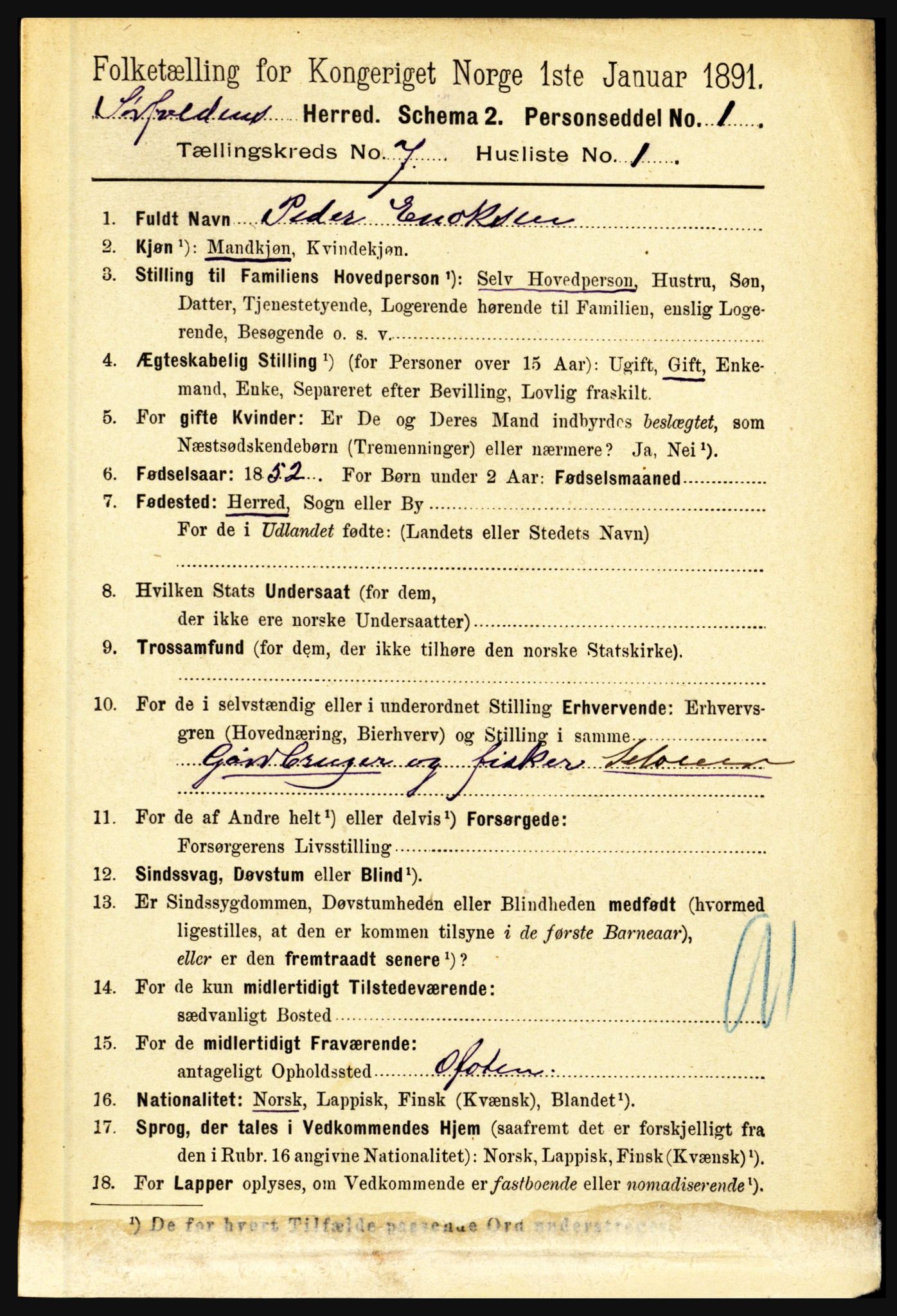 RA, 1891 census for 1845 Sørfold, 1891, p. 2198