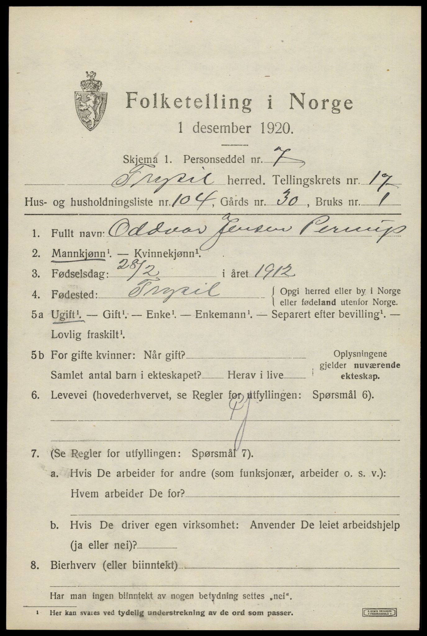 SAH, 1920 census for Trysil, 1920, p. 11395