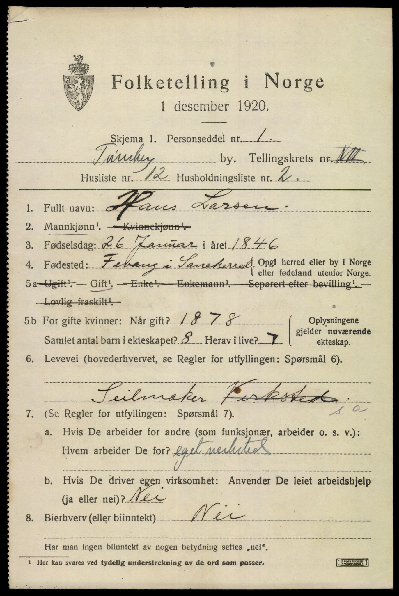 SAKO, 1920 census for Tønsberg, 1920, p. 20197