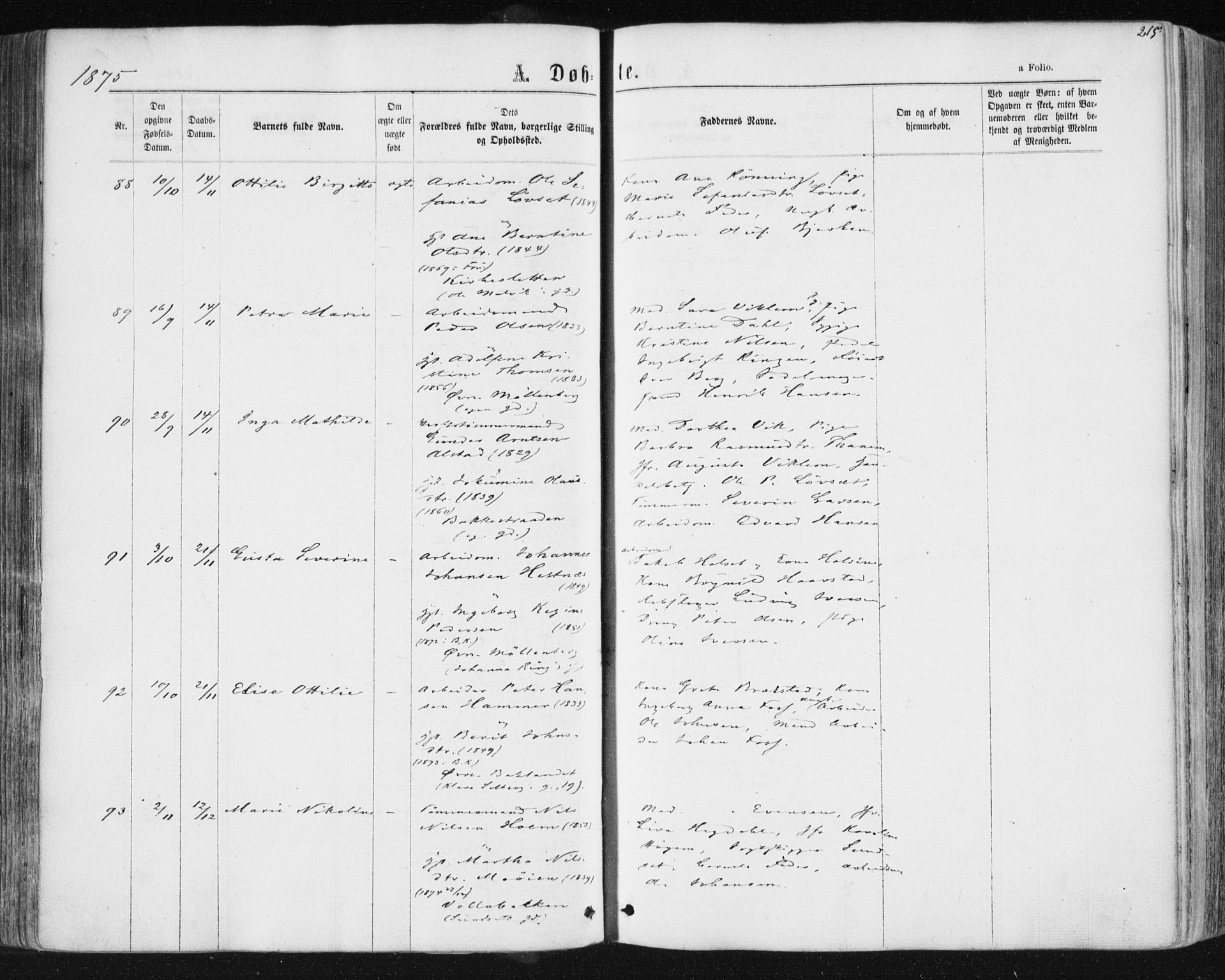 Ministerialprotokoller, klokkerbøker og fødselsregistre - Sør-Trøndelag, AV/SAT-A-1456/604/L0186: Parish register (official) no. 604A07, 1866-1877, p. 215