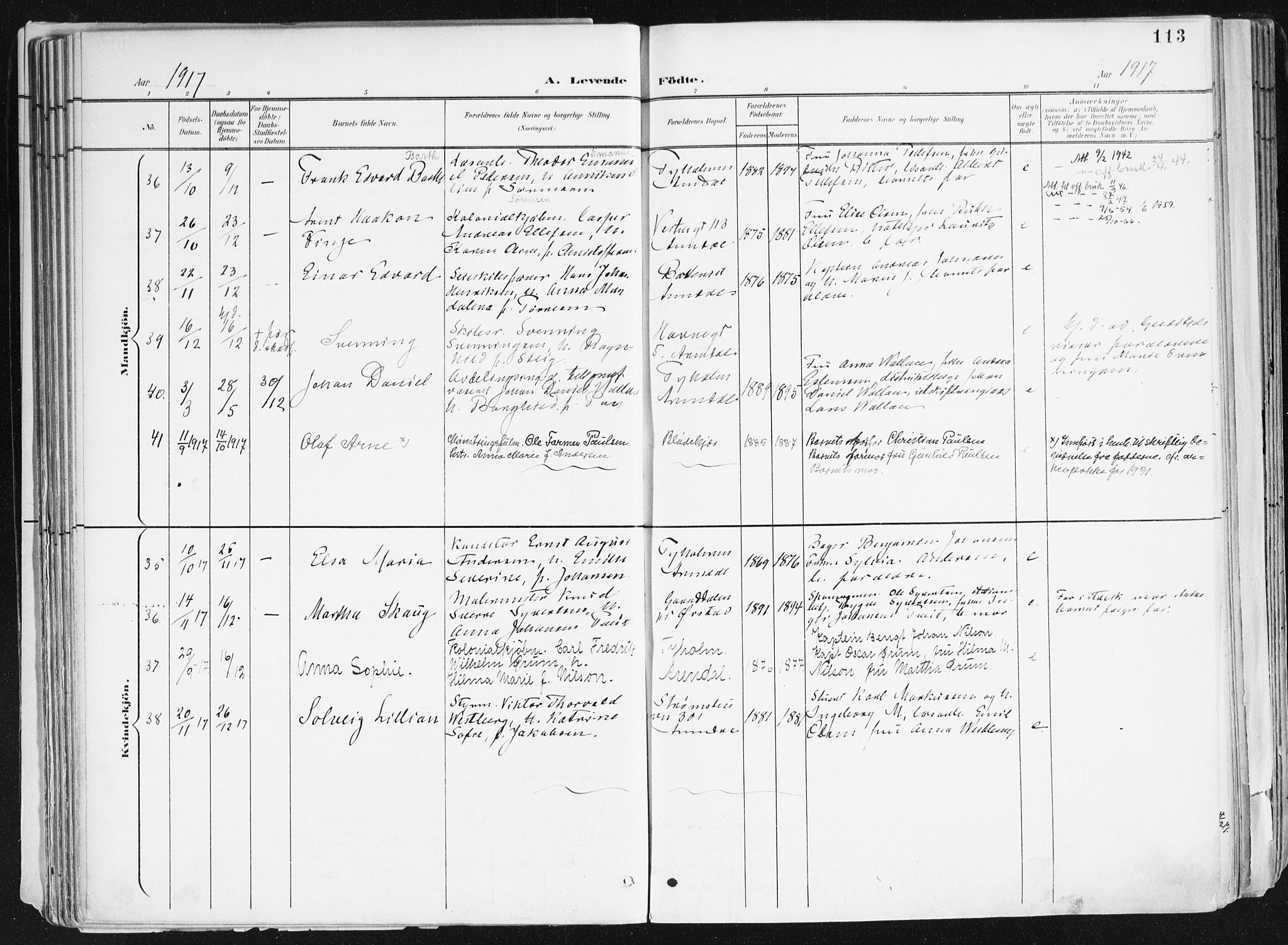 Arendal sokneprestkontor, Trefoldighet, AV/SAK-1111-0040/F/Fa/L0010: Parish register (official) no. A 10, 1900-1919, p. 113