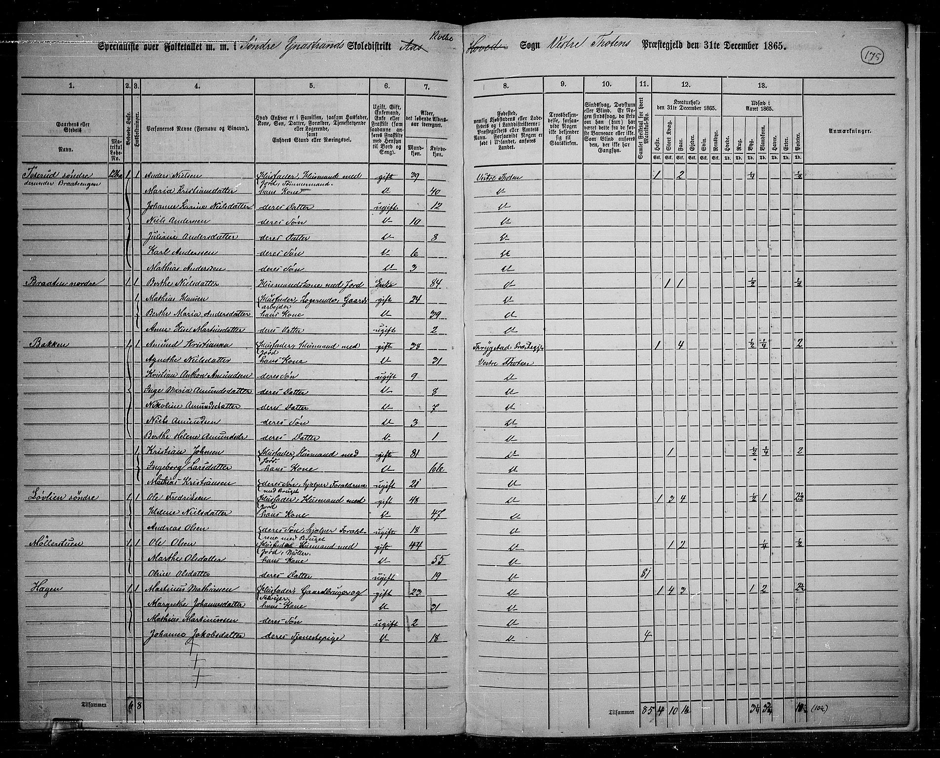 RA, 1865 census for Vestre Toten, 1865, p. 158