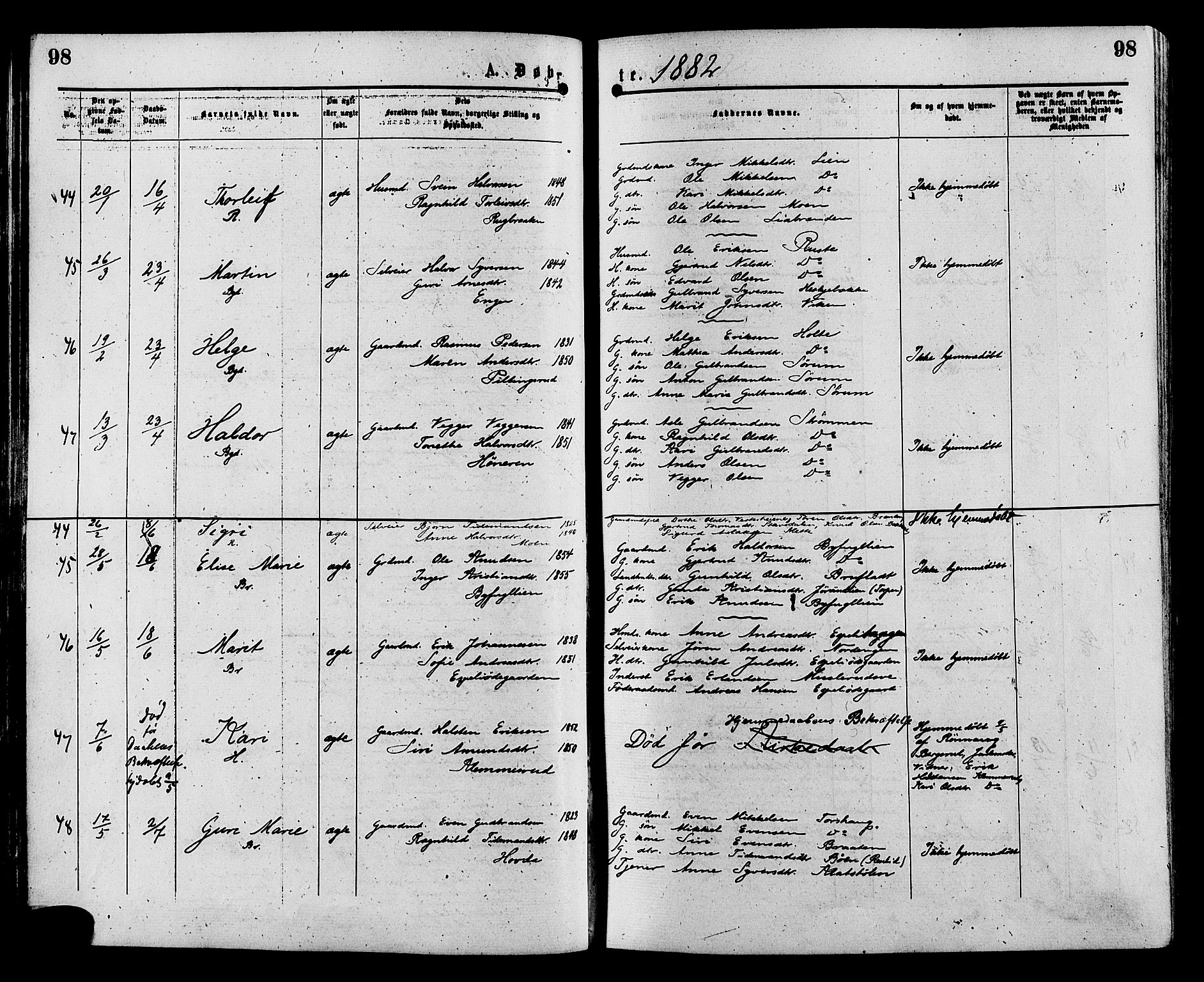 Sør-Aurdal prestekontor, AV/SAH-PREST-128/H/Ha/Haa/L0008: Parish register (official) no. 8, 1877-1885, p. 98