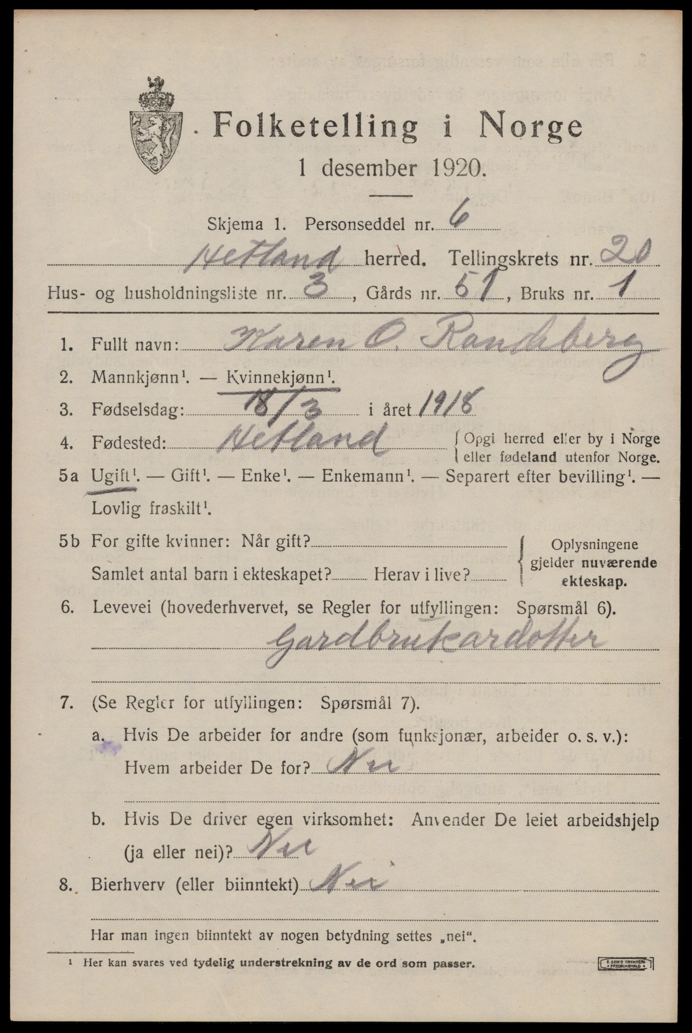 SAST, 1920 census for Hetland, 1920, p. 26485