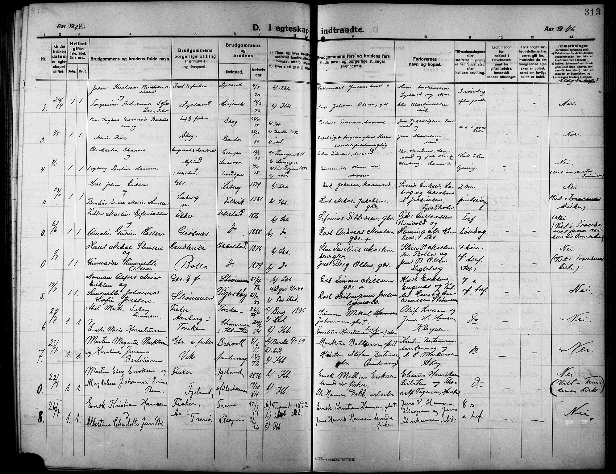 Ibestad sokneprestembete, SATØ/S-0077/H/Ha/Hab/L0009klokker: Parish register (copy) no. 9, 1902-1914, p. 313