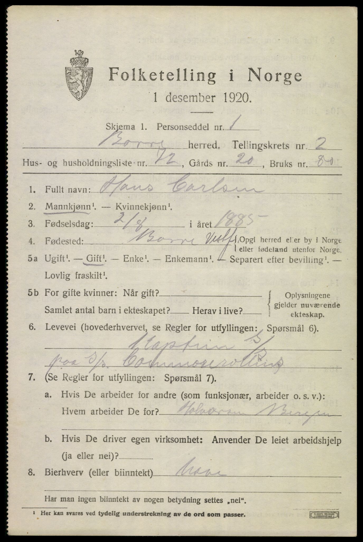 SAKO, 1920 census for Borre, 1920, p. 4988