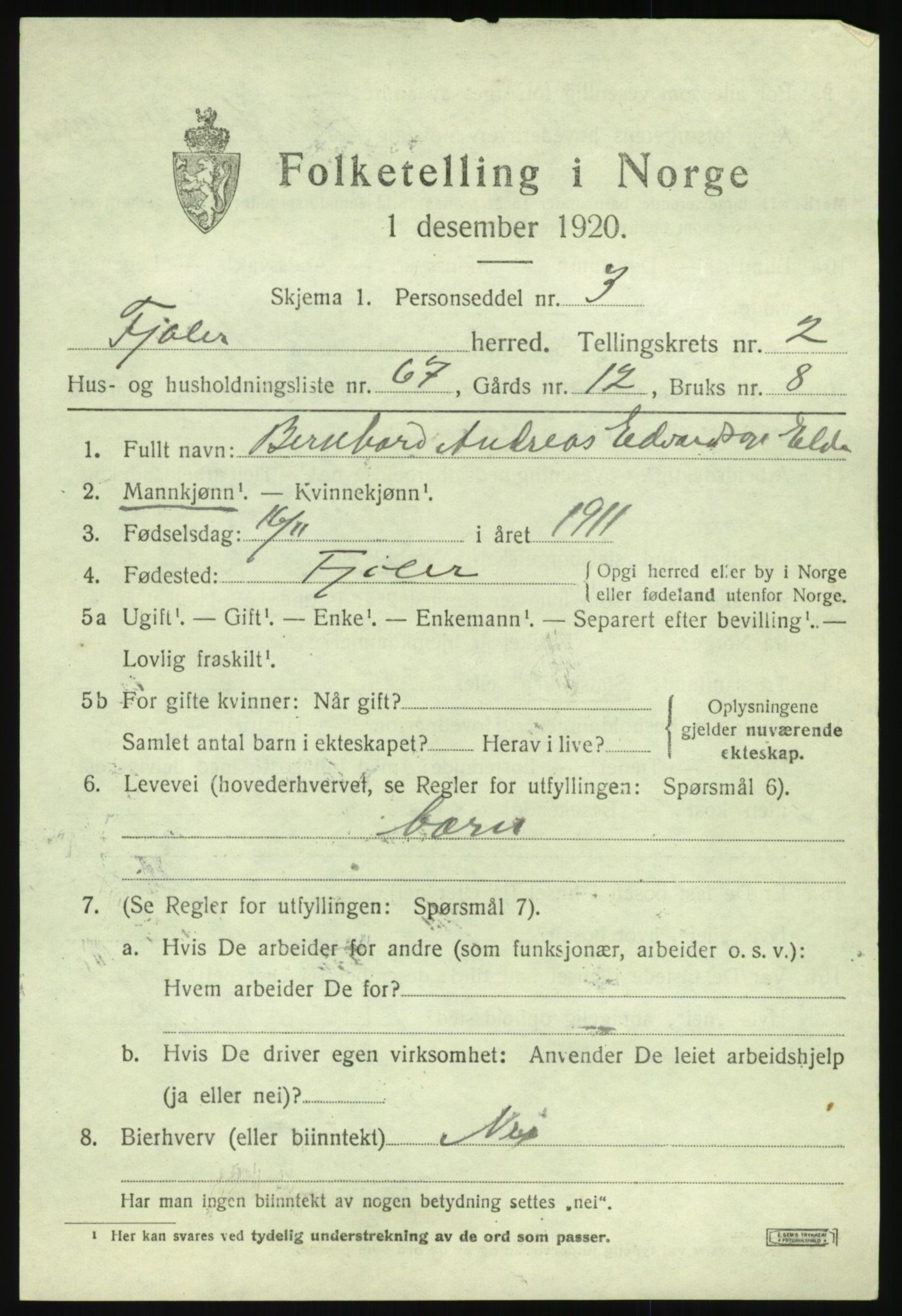 SAB, 1920 census for Fjaler, 1920, p. 2659