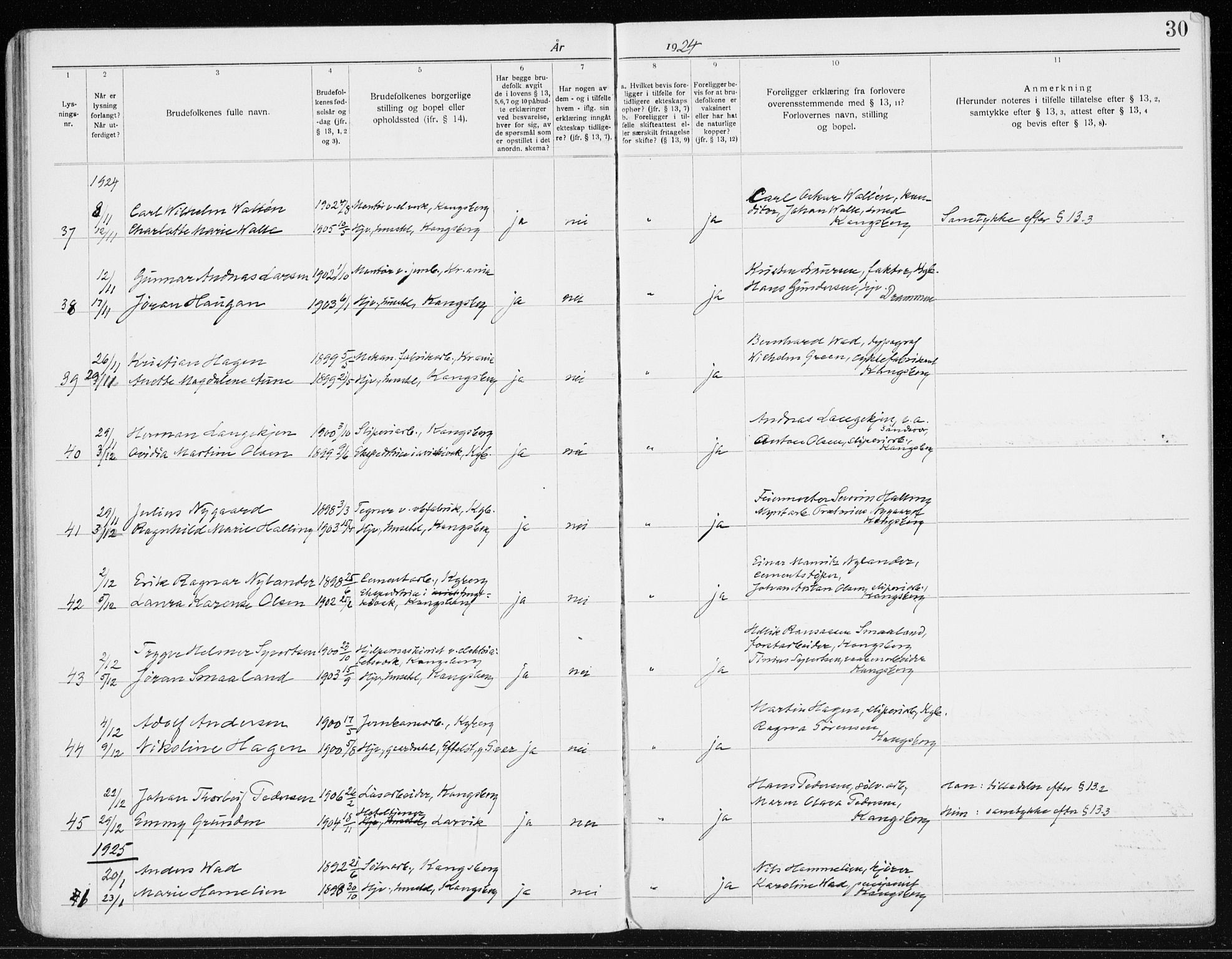 Kongsberg kirkebøker, SAKO/A-22/H/Ha/L0001: Banns register no. 1, 1919-1939, p. 30