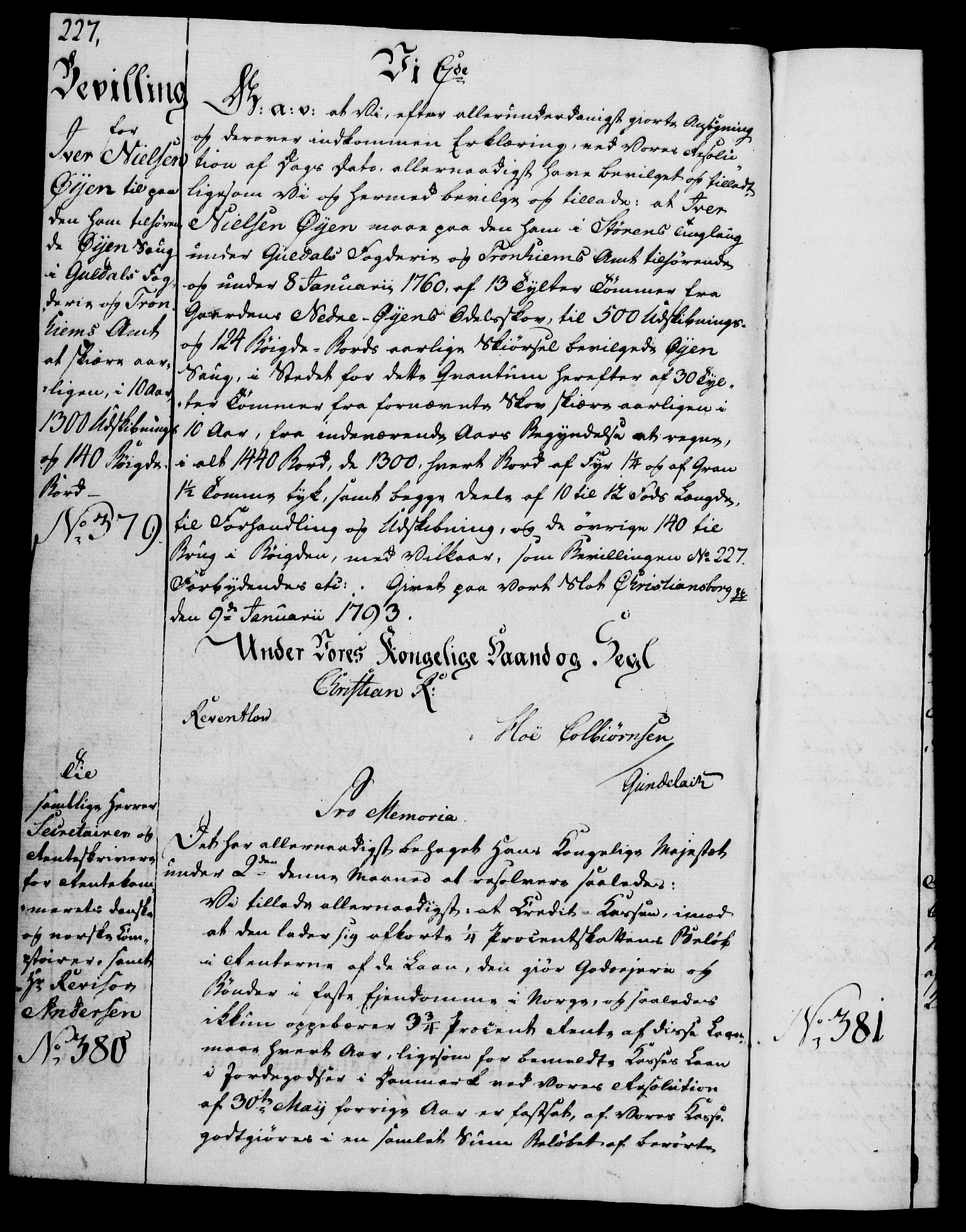 Rentekammeret, Kammerkanselliet, RA/EA-3111/G/Gg/Gga/L0015: Norsk ekspedisjonsprotokoll med register (merket RK 53.15), 1790-1791, p. 227