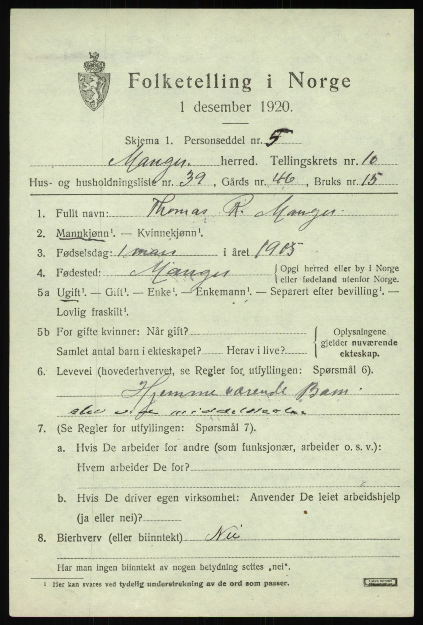 SAB, 1920 census for Manger, 1920, p. 6538