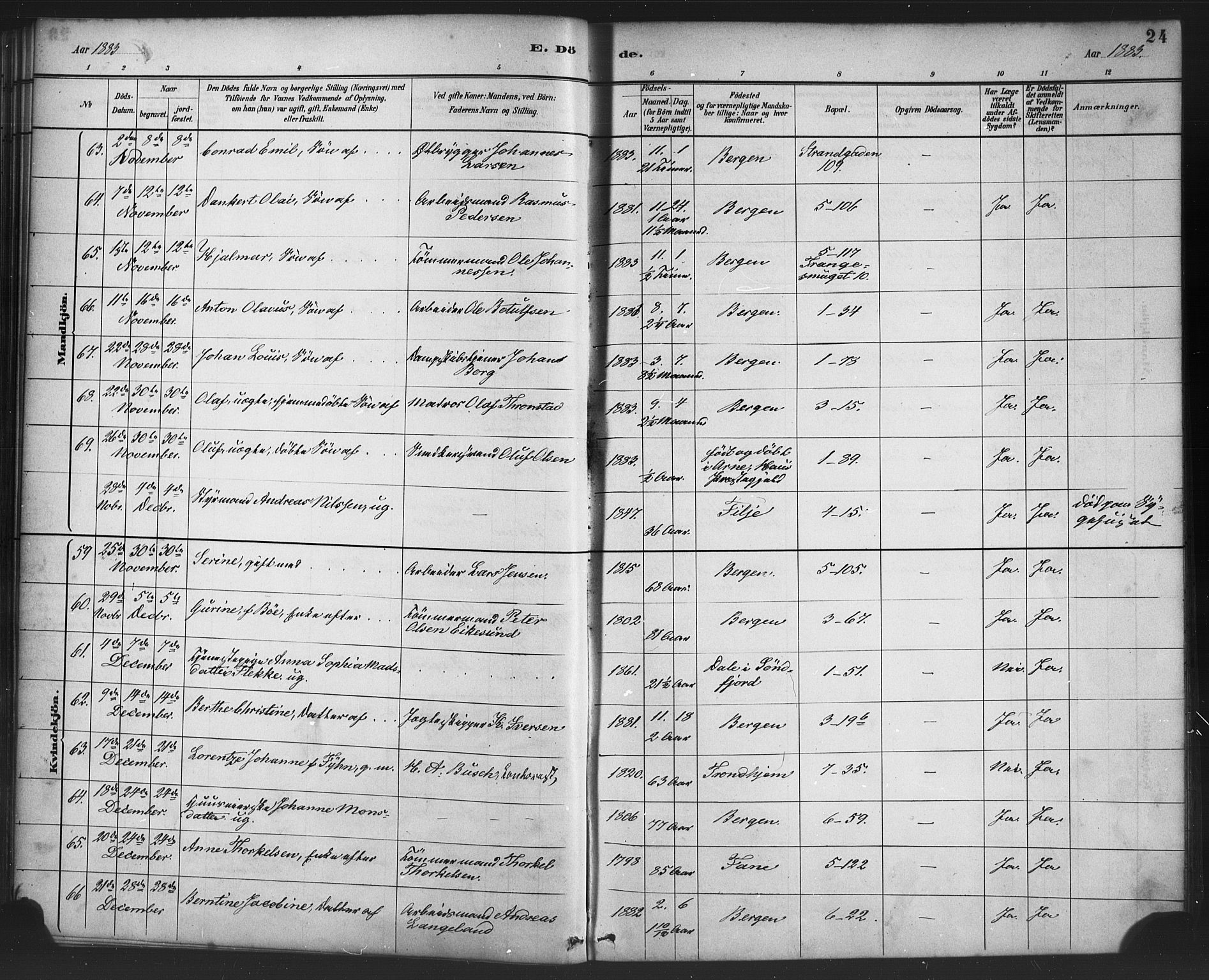 Nykirken Sokneprestembete, AV/SAB-A-77101/H/Haa/L0044: Parish register (official) no. E 4, 1882-1898, p. 24