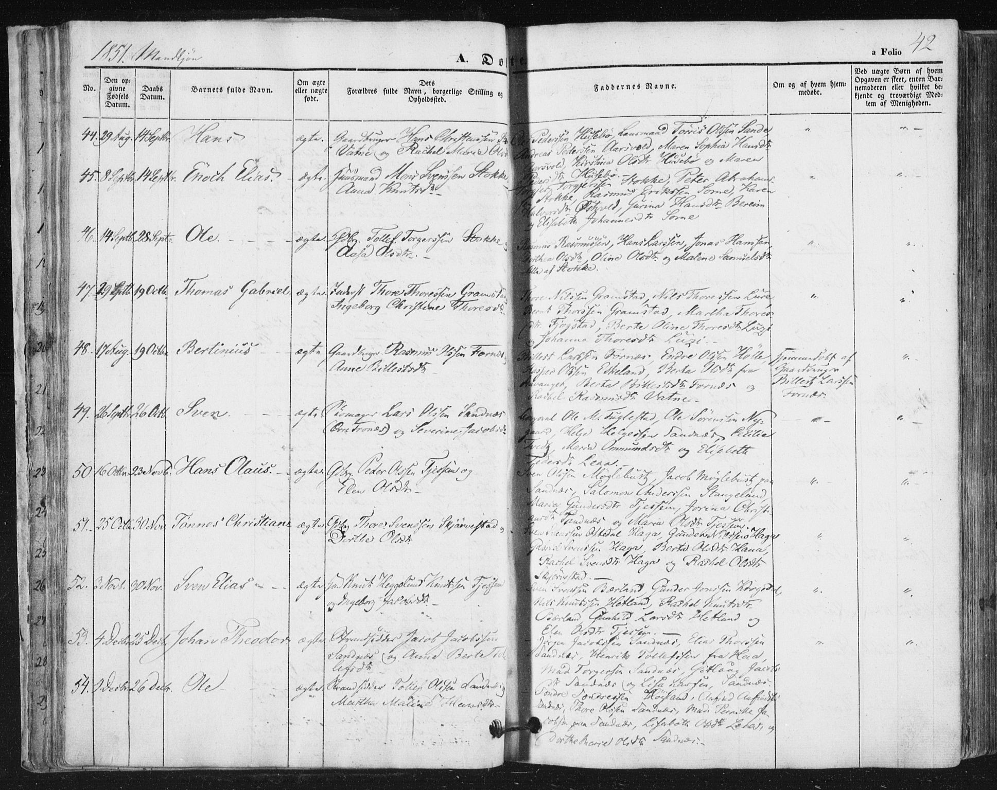 Høyland sokneprestkontor, AV/SAST-A-101799/001/30BA/L0008: Parish register (official) no. A 8, 1841-1856, p. 42