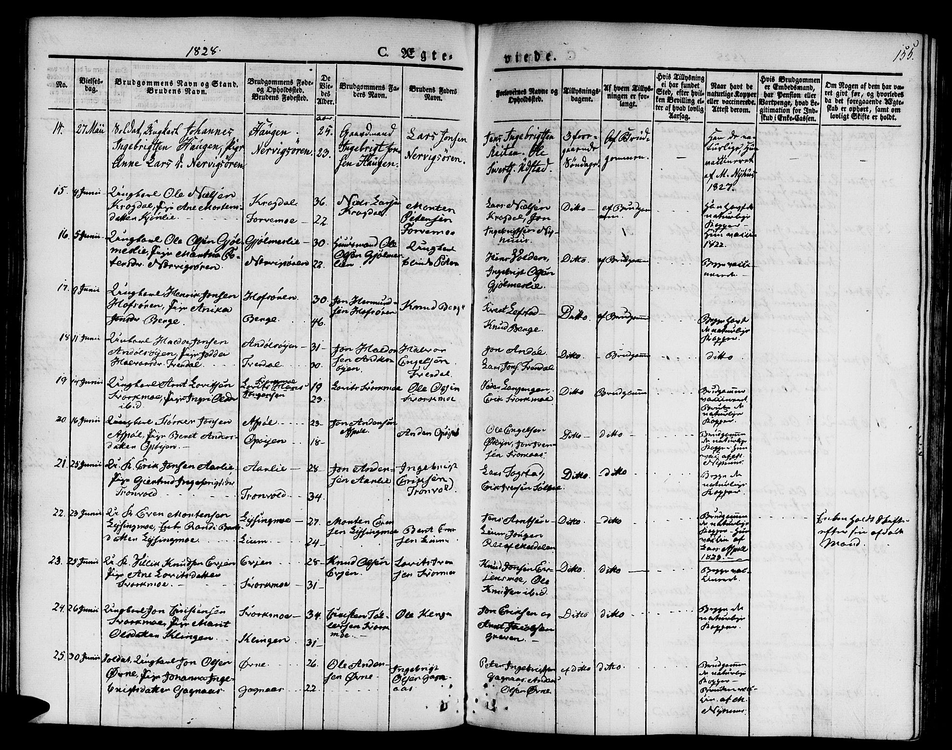 Ministerialprotokoller, klokkerbøker og fødselsregistre - Sør-Trøndelag, SAT/A-1456/668/L0804: Parish register (official) no. 668A04, 1826-1839, p. 155