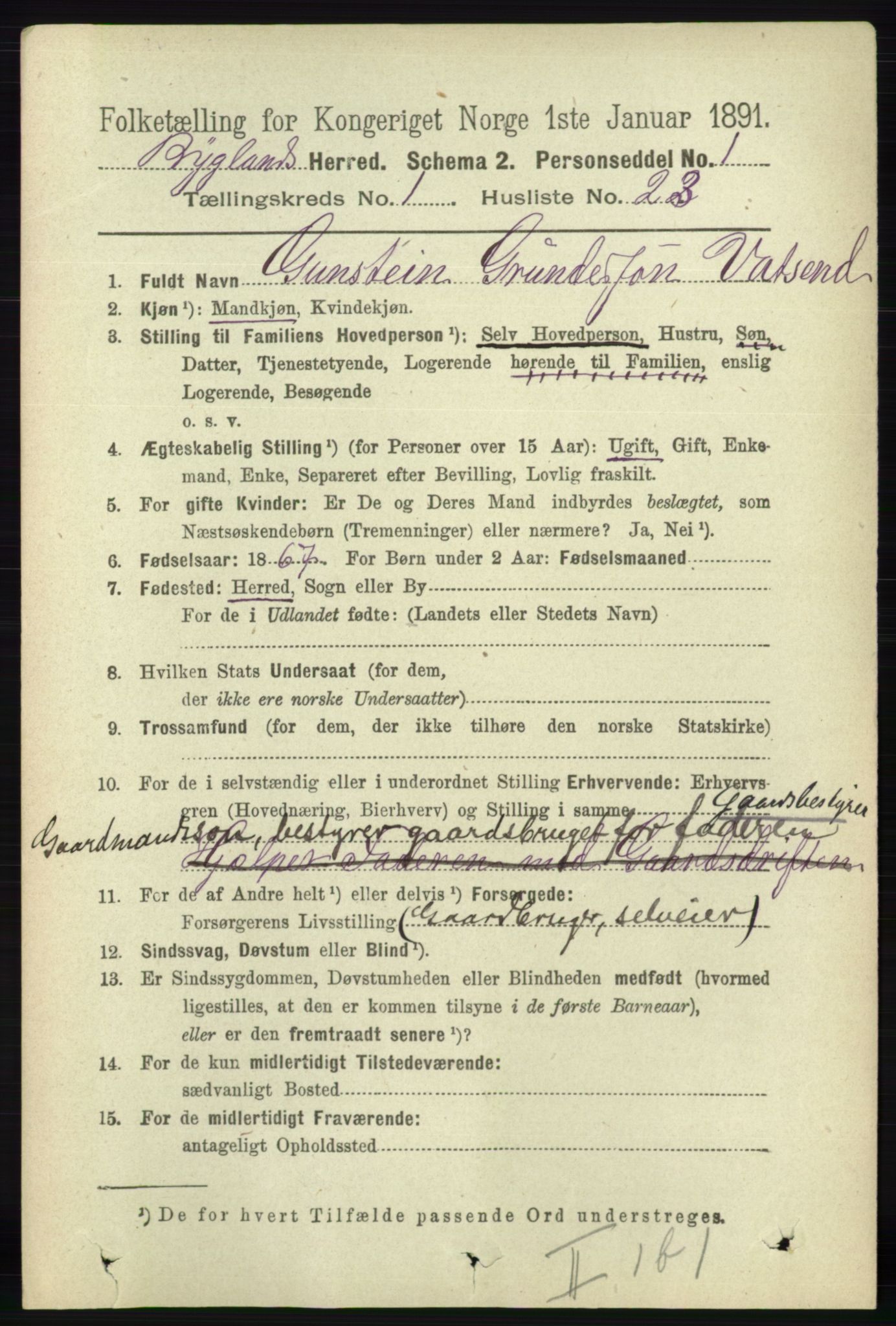 RA, 1891 census for 0938 Bygland, 1891, p. 210