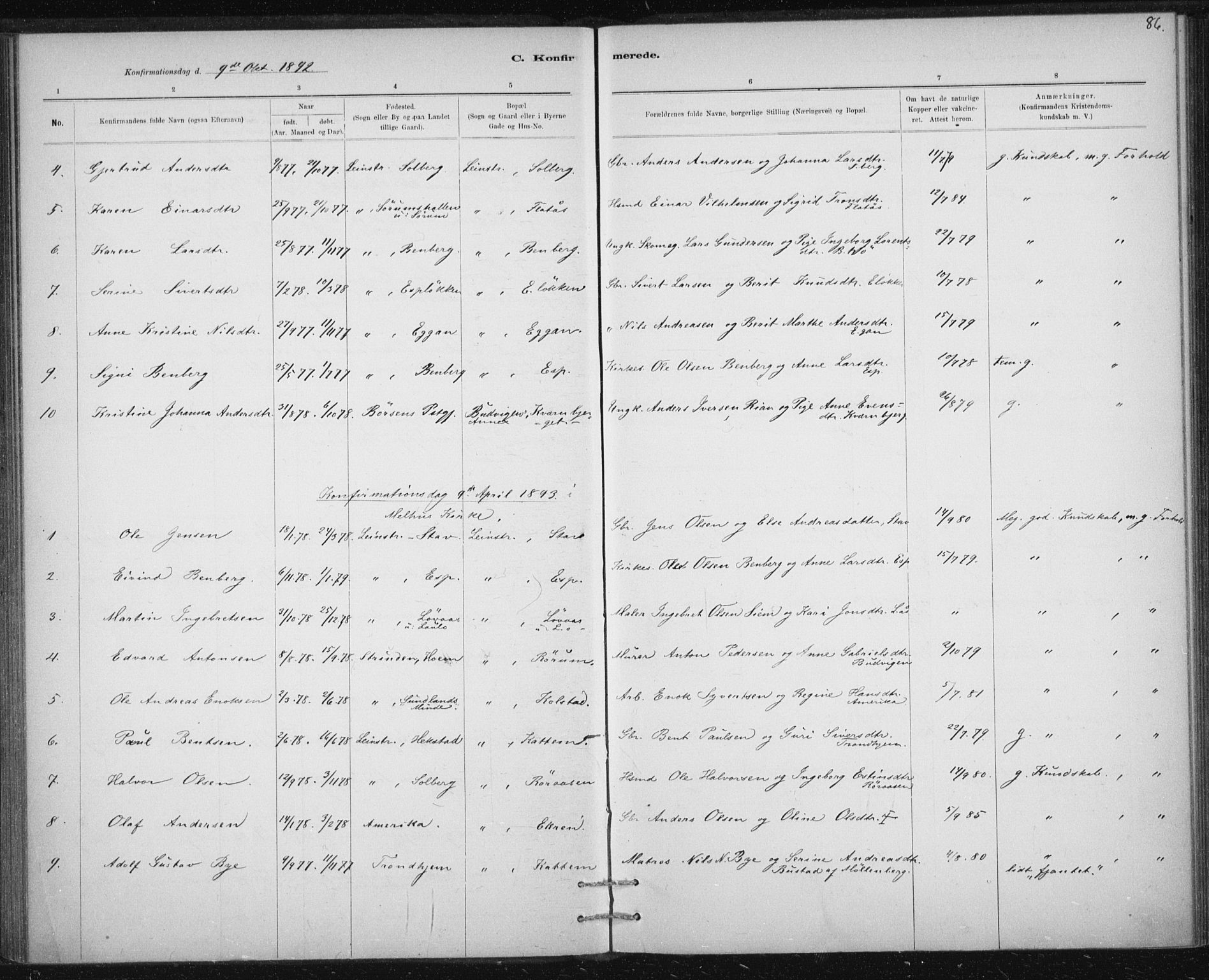 Ministerialprotokoller, klokkerbøker og fødselsregistre - Sør-Trøndelag, AV/SAT-A-1456/613/L0392: Parish register (official) no. 613A01, 1887-1906, p. 86