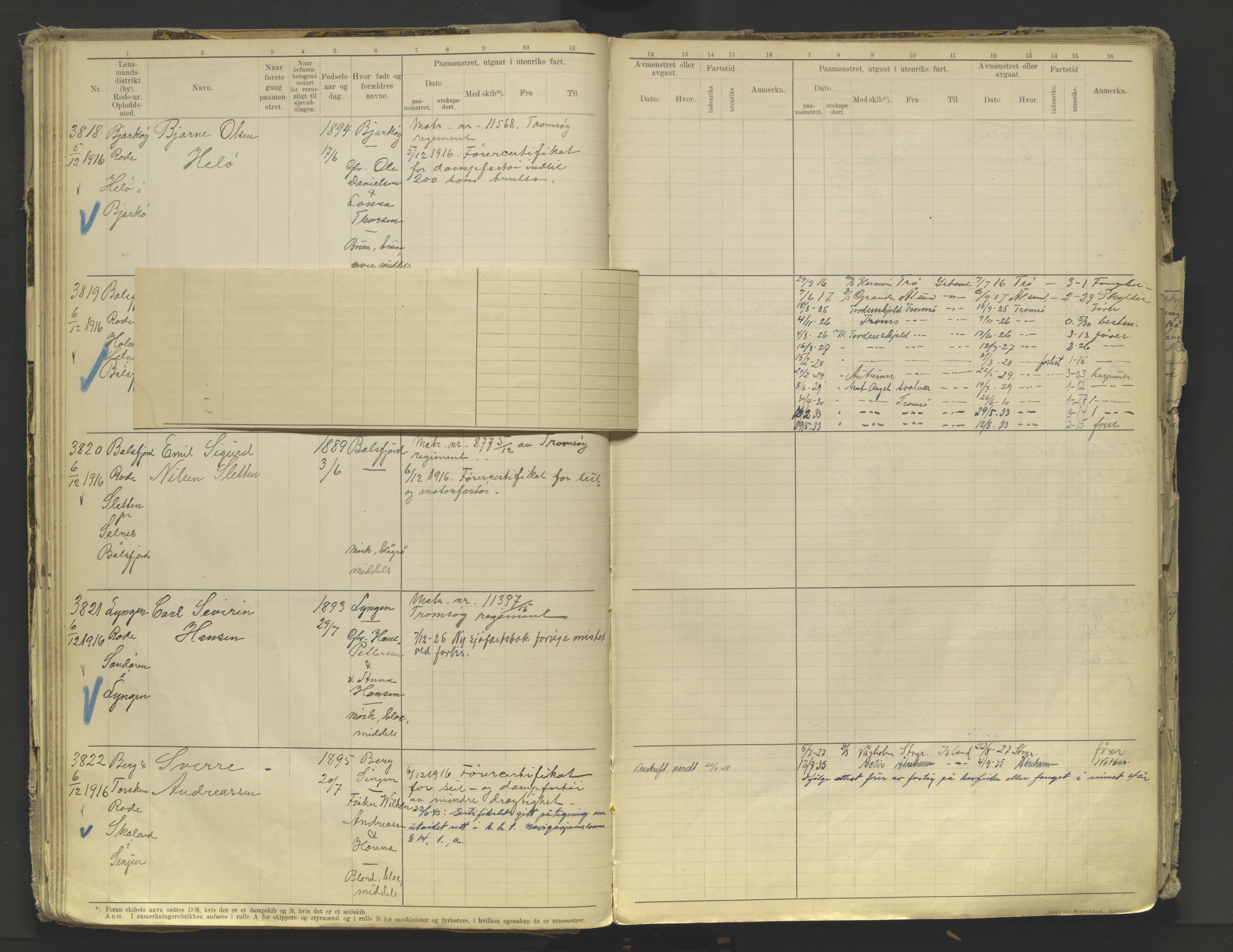 Tromsø sjømannskontor/innrullerings-/mønstringsdistrikt, AV/SATØ-S-0243/F/Fb/L0010: Annotasjonsrulle. Defekt: løs innbinding. Nr. 3519-4972, 1916-1920