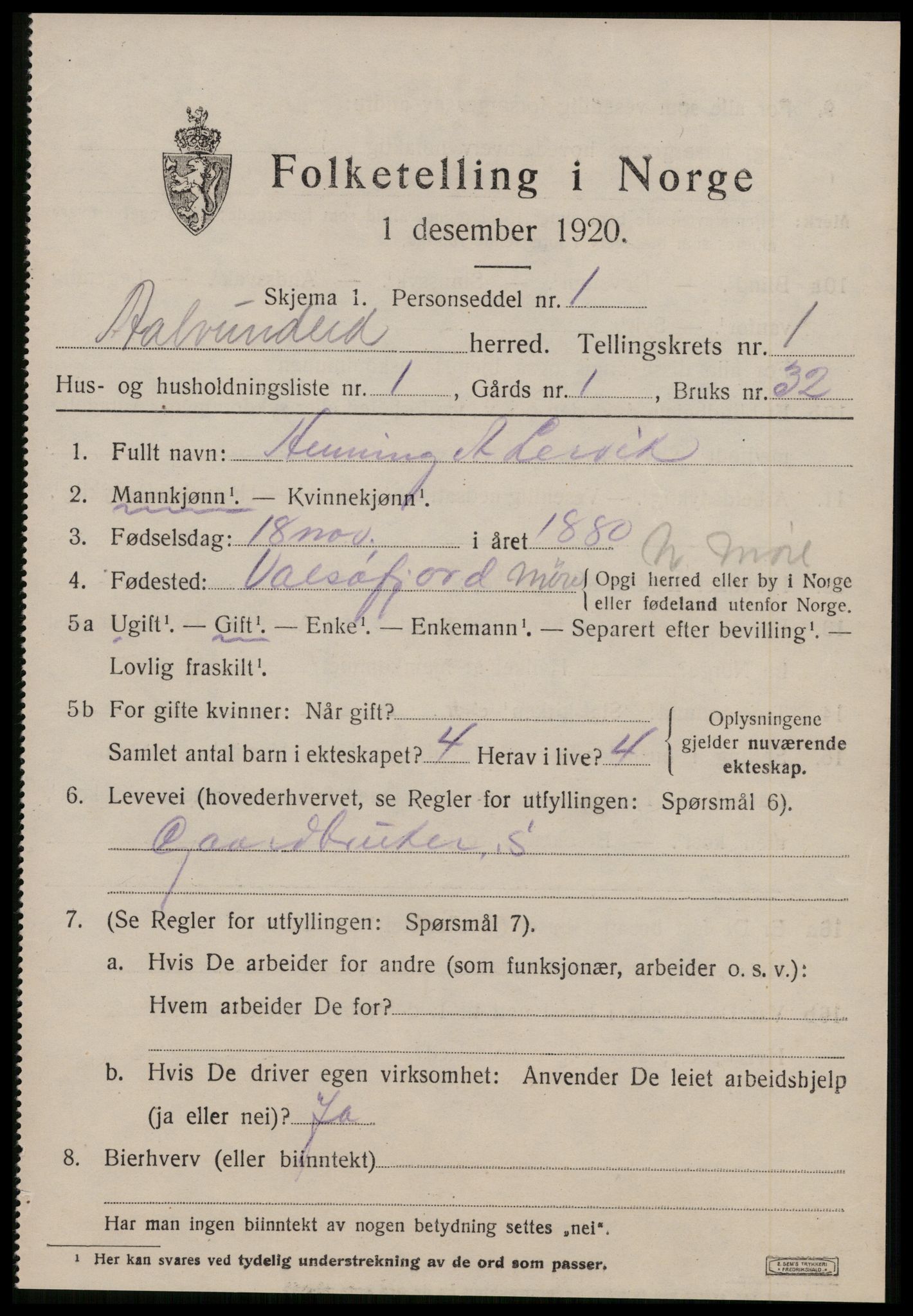 SAT, 1920 census for Ålvundeid, 1920, p. 182